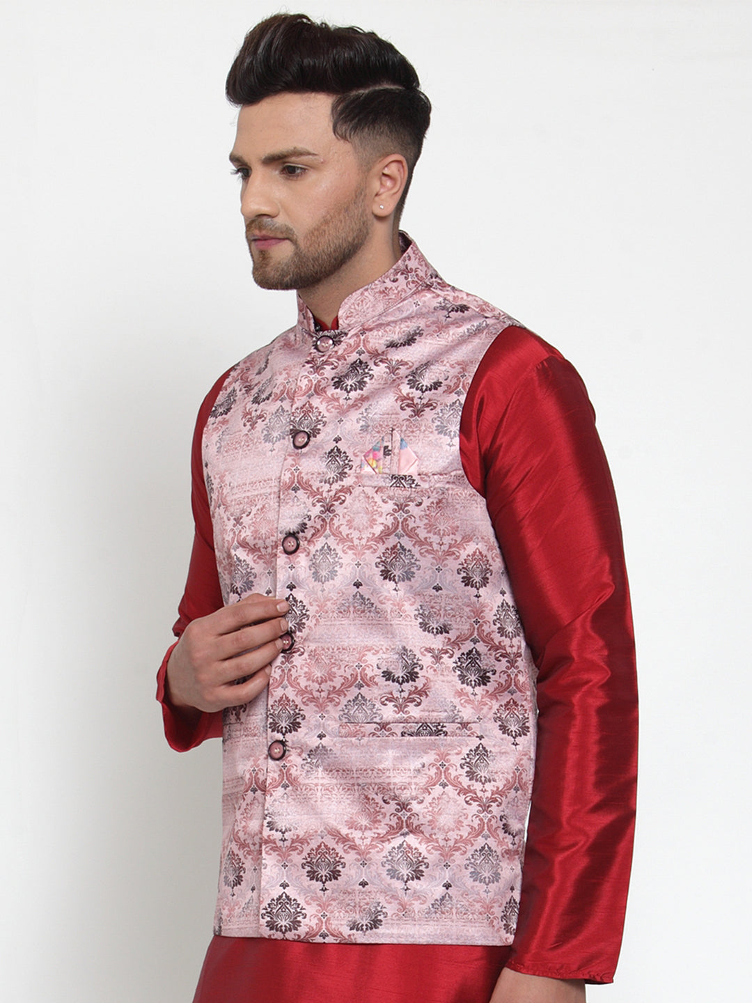 Men's Pink Printed Nehru Jacket ( JOWC 4014Pink ) - Virat Fashions