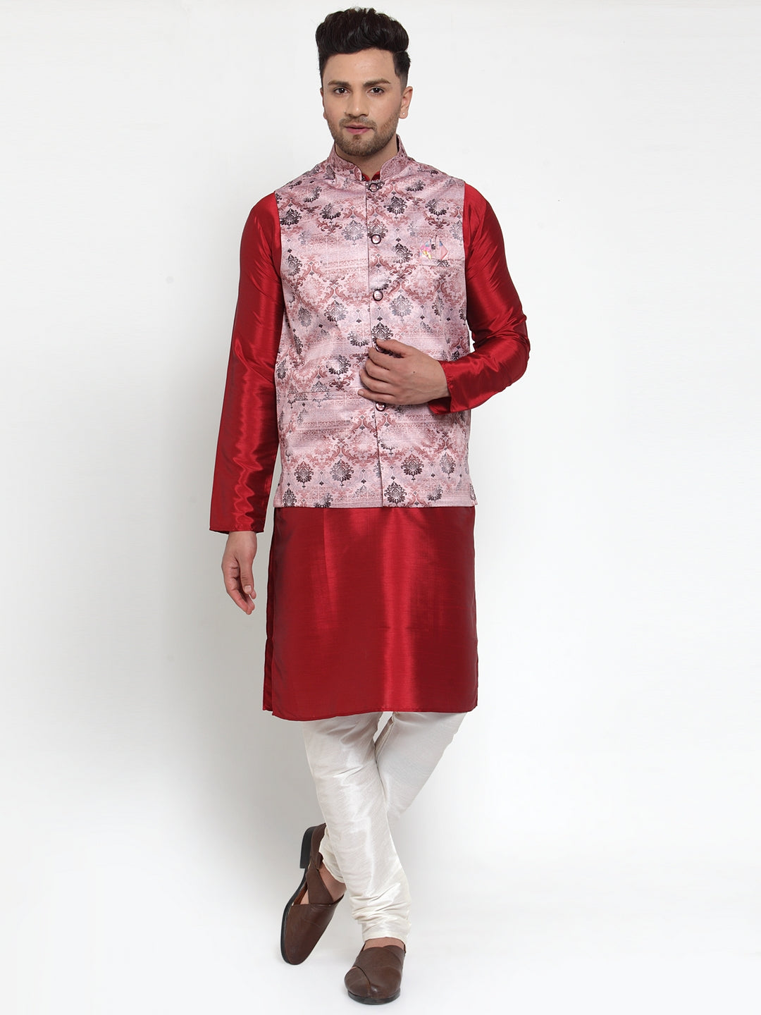 Men's Pink Printed Nehru Jacket ( JOWC 4014Pink ) - Virat Fashions