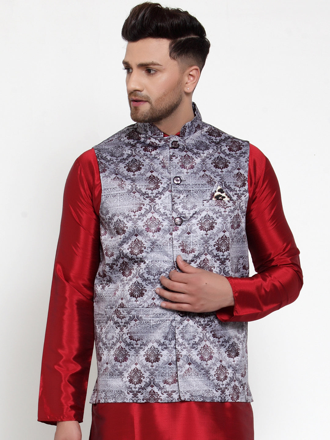 Men's Purple Printed Nehru Jacket ( JOWC 4014Purple ) - Virat Fashions