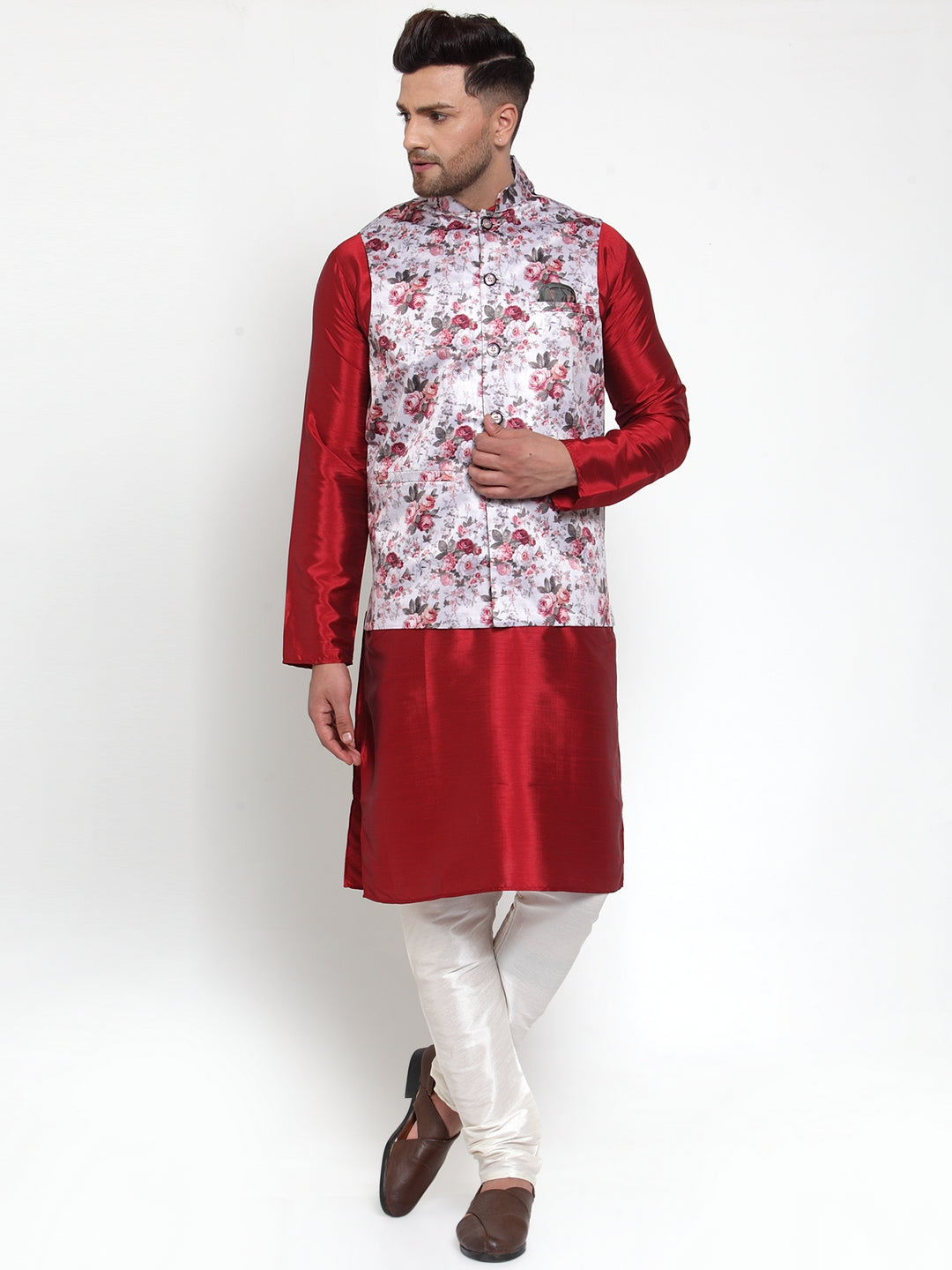 Men's Silver Printed Nehru Jacket ( JOWC 4014Silver ) - Virat Fashions