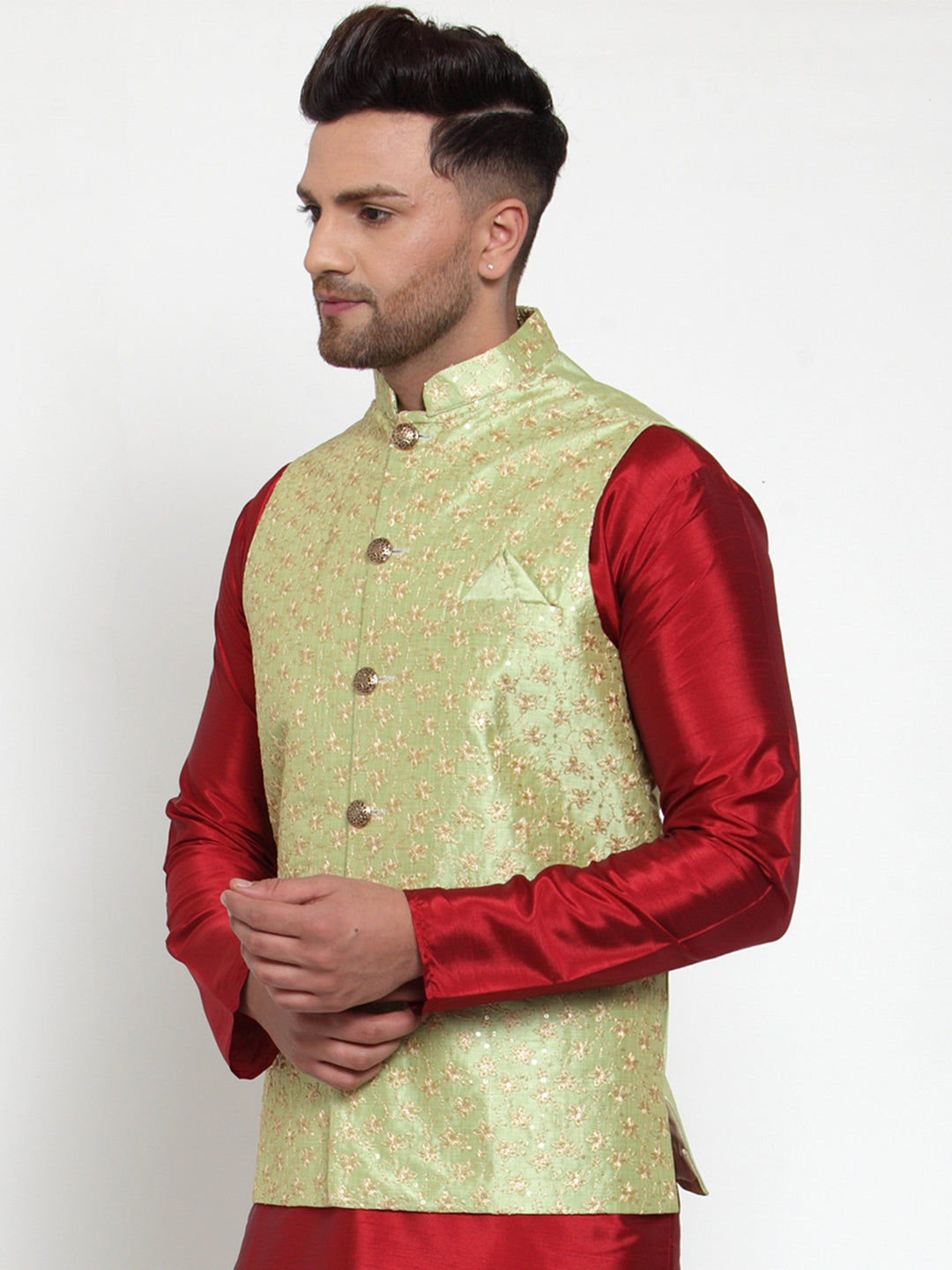 Men's Green Embroidered Nehru Jacket ( JOWC 4015Green ) - Virat Fashions