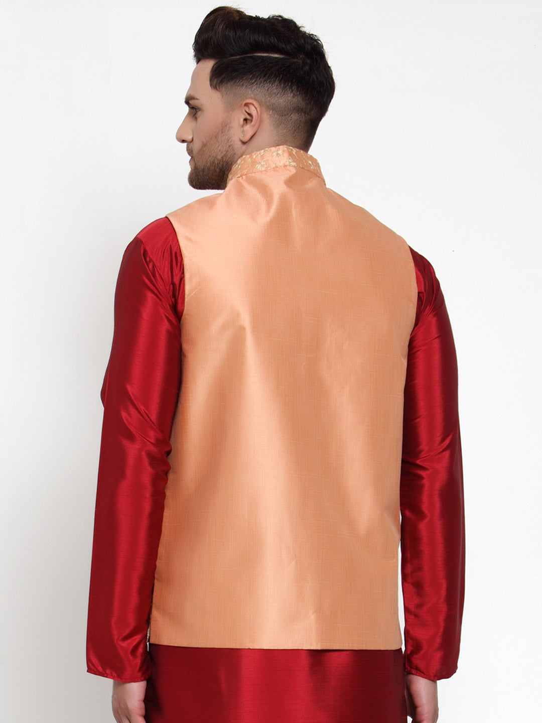 Men's Peach Embroidered Nehru Jacket ( JOWC 4015Peach ) - Virat Fashions