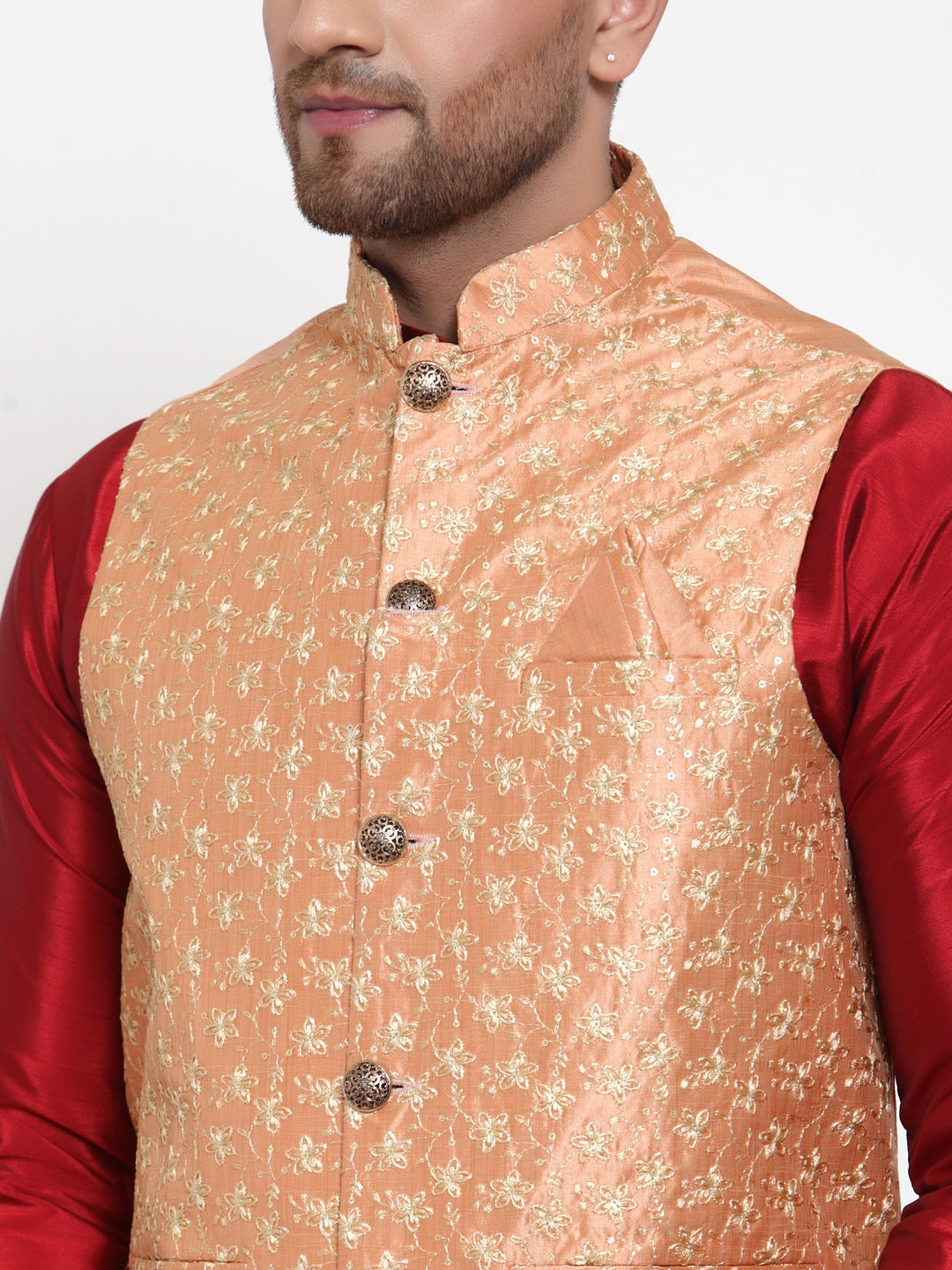 Men's Peach Embroidered Nehru Jacket ( JOWC 4015Peach ) - Virat Fashions