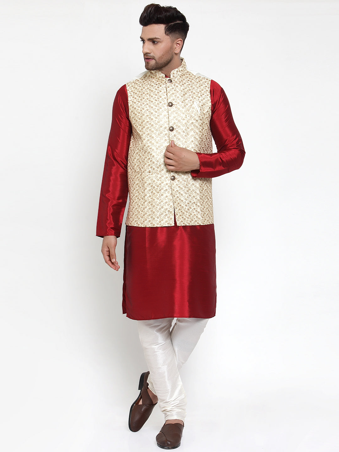 Men's Cream Embroidered Nehru Jacket ( JOWC 4016Cream ) - Virat Fashions