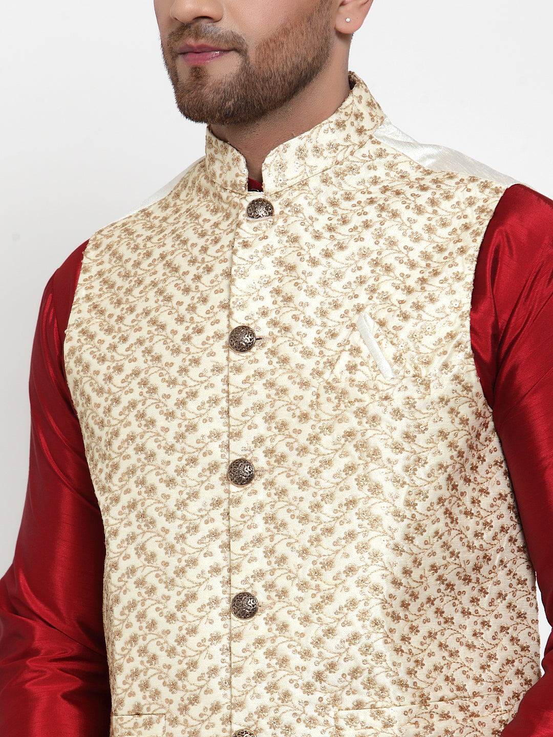 Men's Cream Embroidered Nehru Jacket ( JOWC 4016Cream ) - Virat Fashions