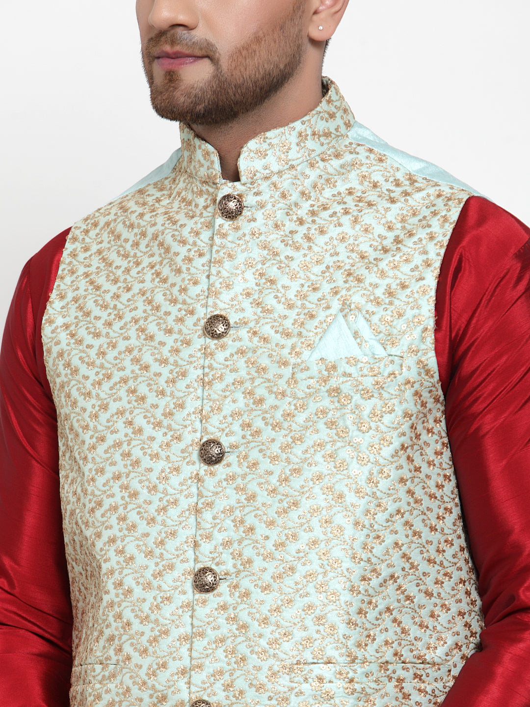 Men's Blue Embroidered Nehru Jacket ( JOWC 4016Sky ) - Virat Fashions