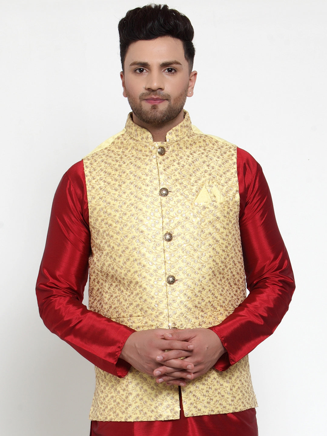 Men's Yellow Embroidered Nehru Jacket ( JOWC 4016Yellow )