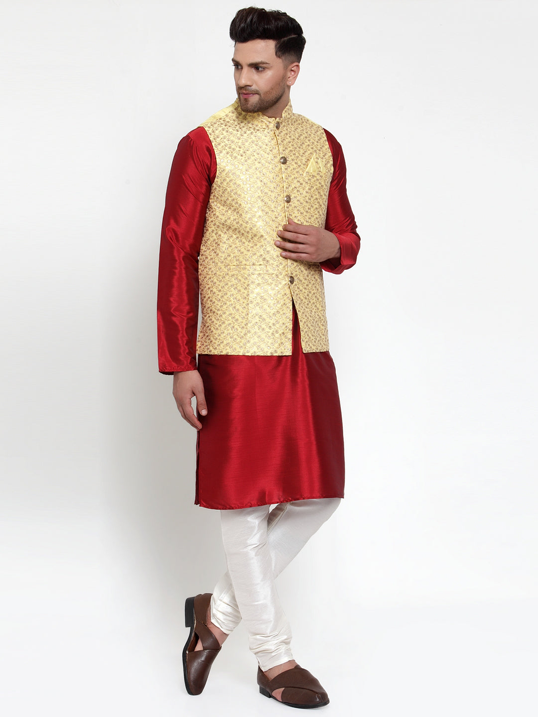 Men's Yellow Embroidered Nehru Jacket ( JOWC 4016Yellow ) - Virat Fashions