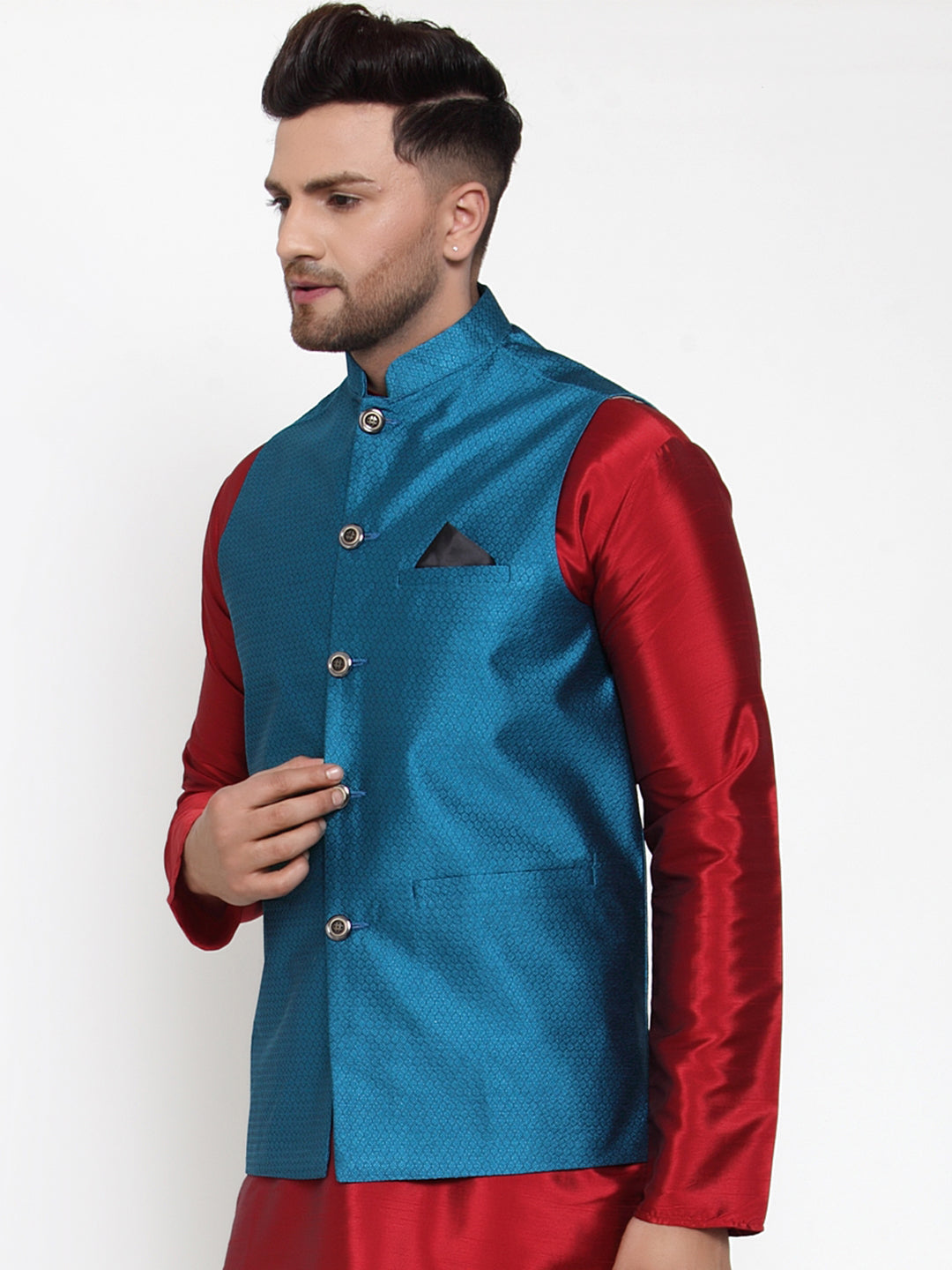 Men's Blue Woven Jacquard Nehru Jacket ( JOWC 4017Blue ) - Virat Fashions