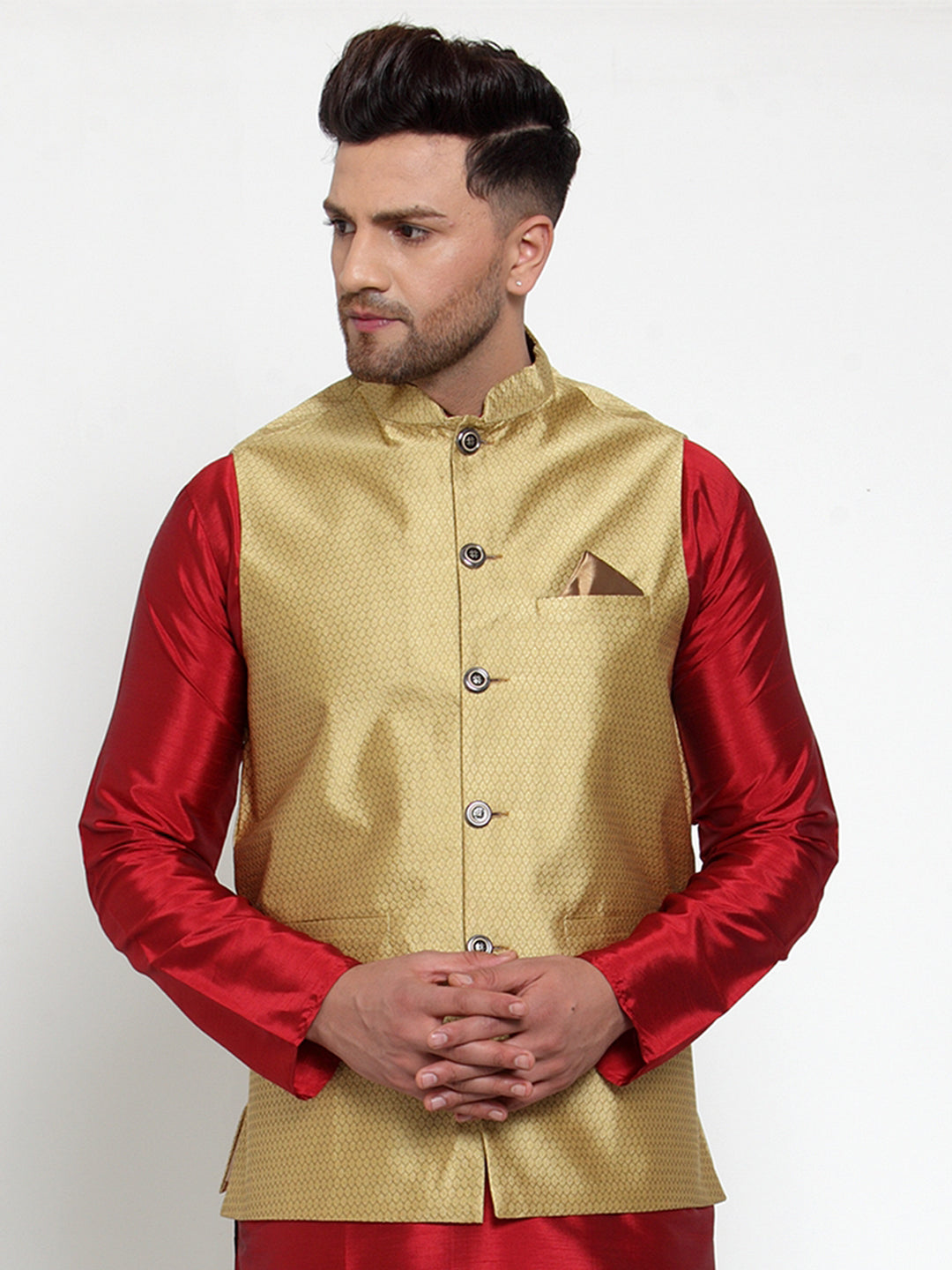 Men's Gold Woven Jacquard Nehru Jacket ( JOWC 4017Golden ) - Virat Fashions
