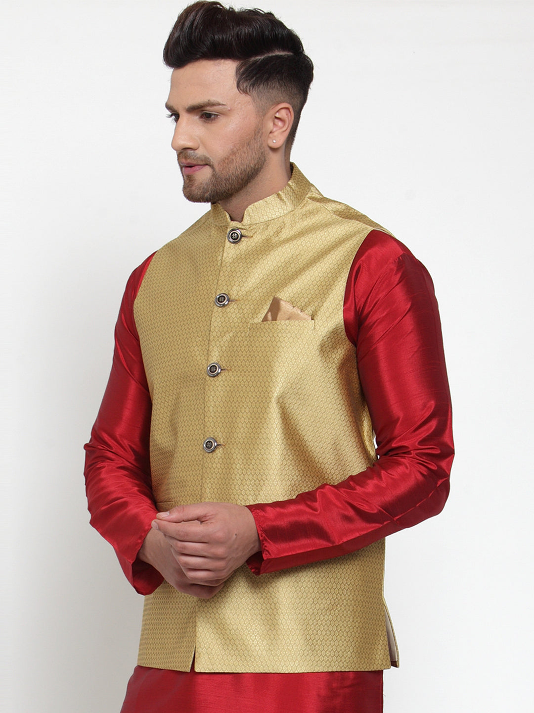 Men's Gold Woven Jacquard Nehru Jacket ( JOWC 4017Golden ) - Virat Fashions