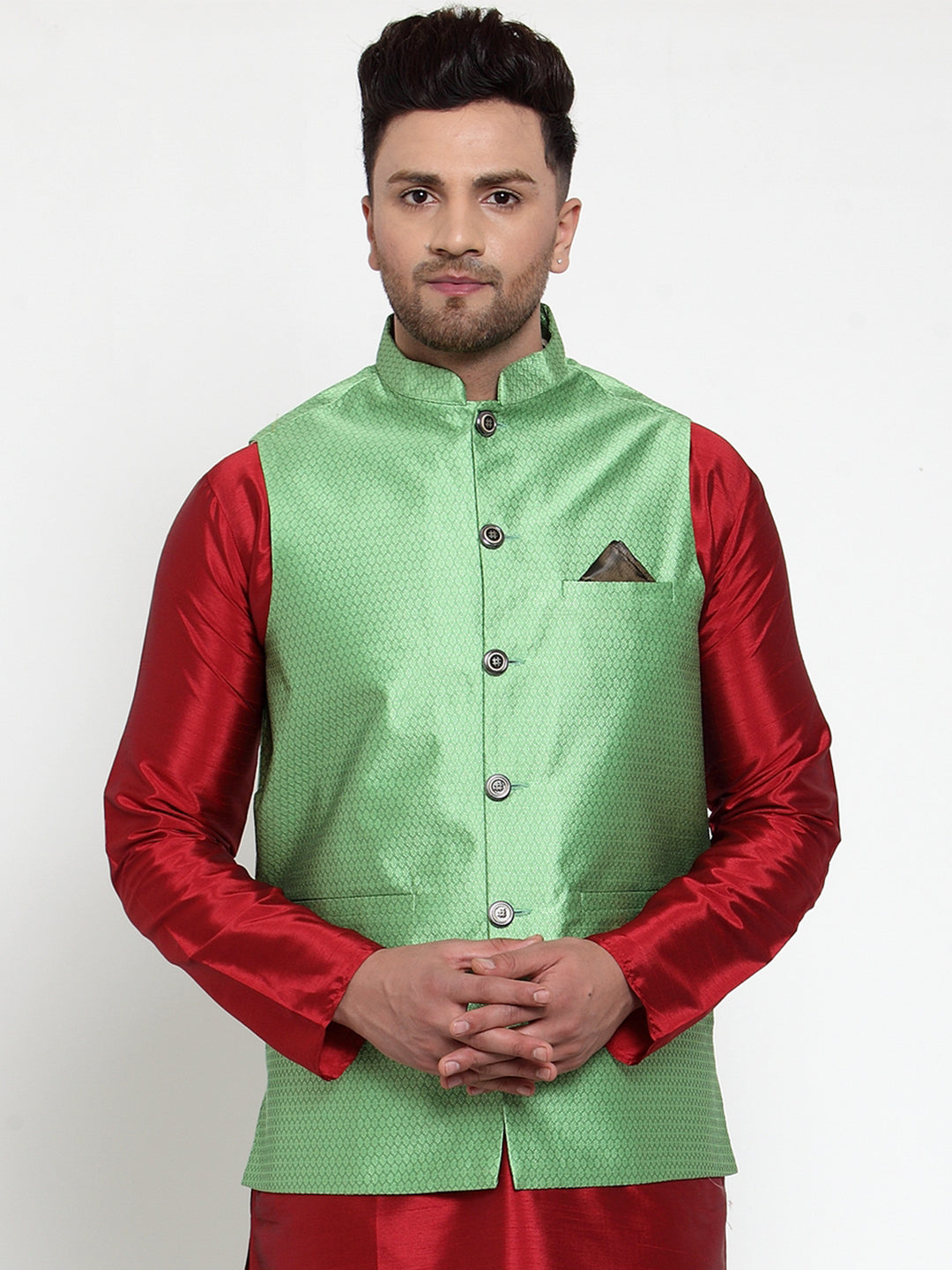 Men's Green Woven Jacquard Nehru Jacket ( JOWC 4017Green )