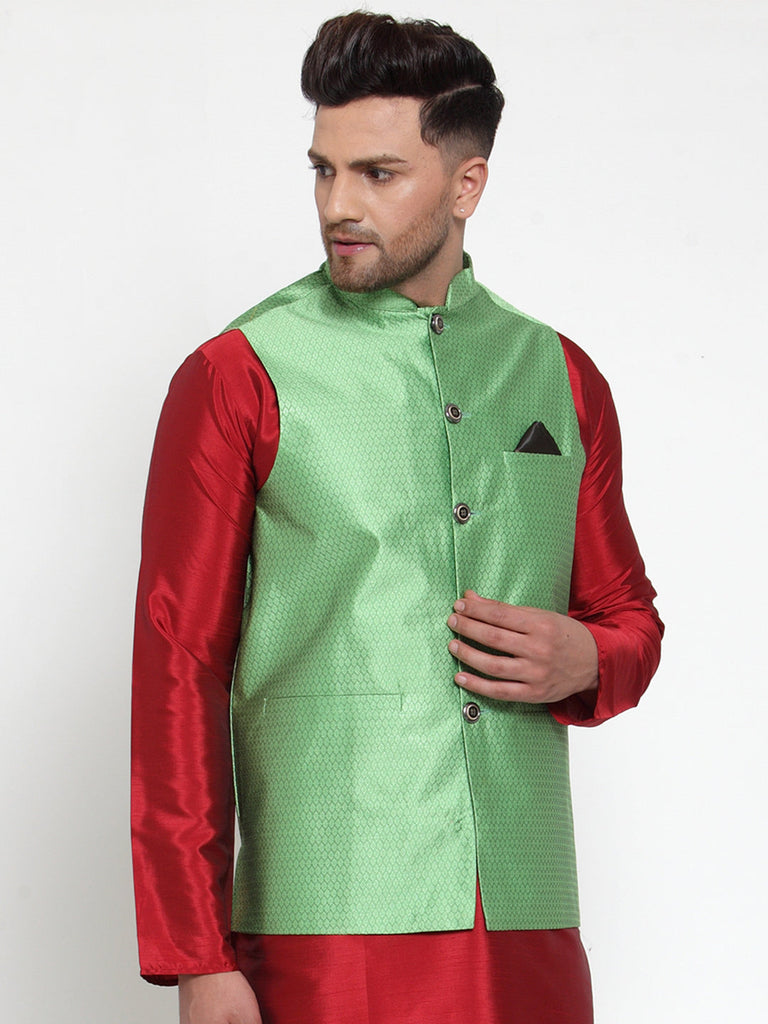 Men's Green Woven Jacquard Nehru Jacket ( JOWC 4017Green )