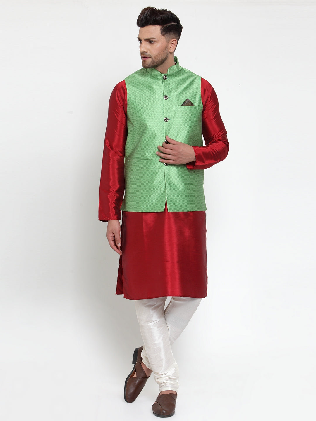 Men's Green Woven Jacquard Nehru Jacket ( JOWC 4017Green ) - Virat Fashions