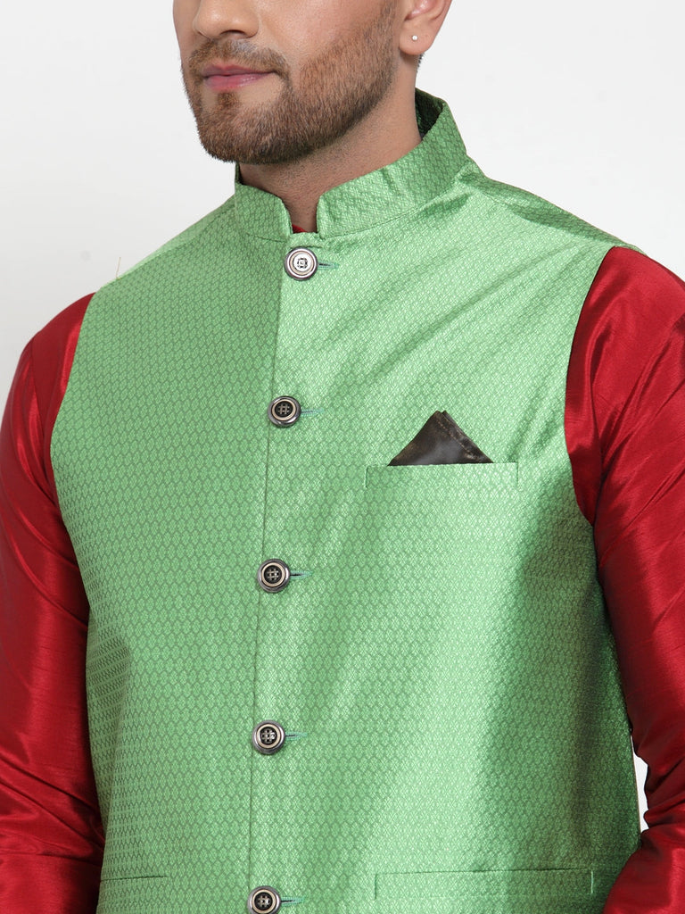 Men's Green Woven Jacquard Nehru Jacket ( JOWC 4017Green )