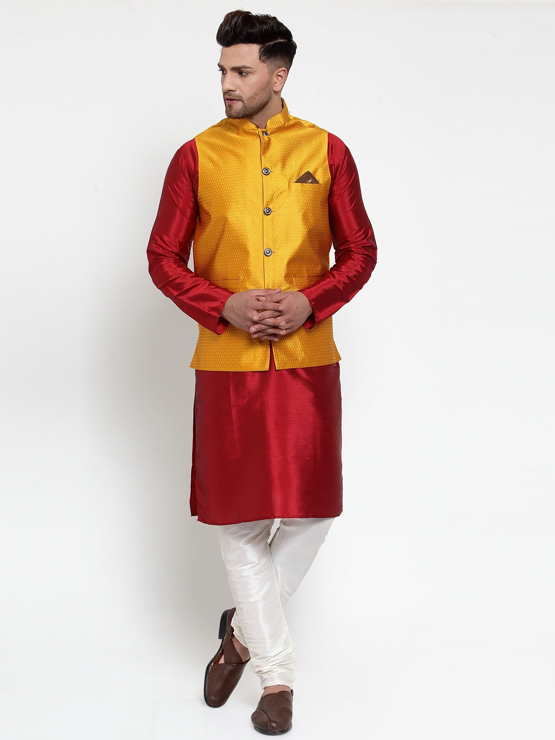 Men's Yellow Woven Jacquard Nehru Jacket ( JOWC 4017Yellow ) - Virat Fashions