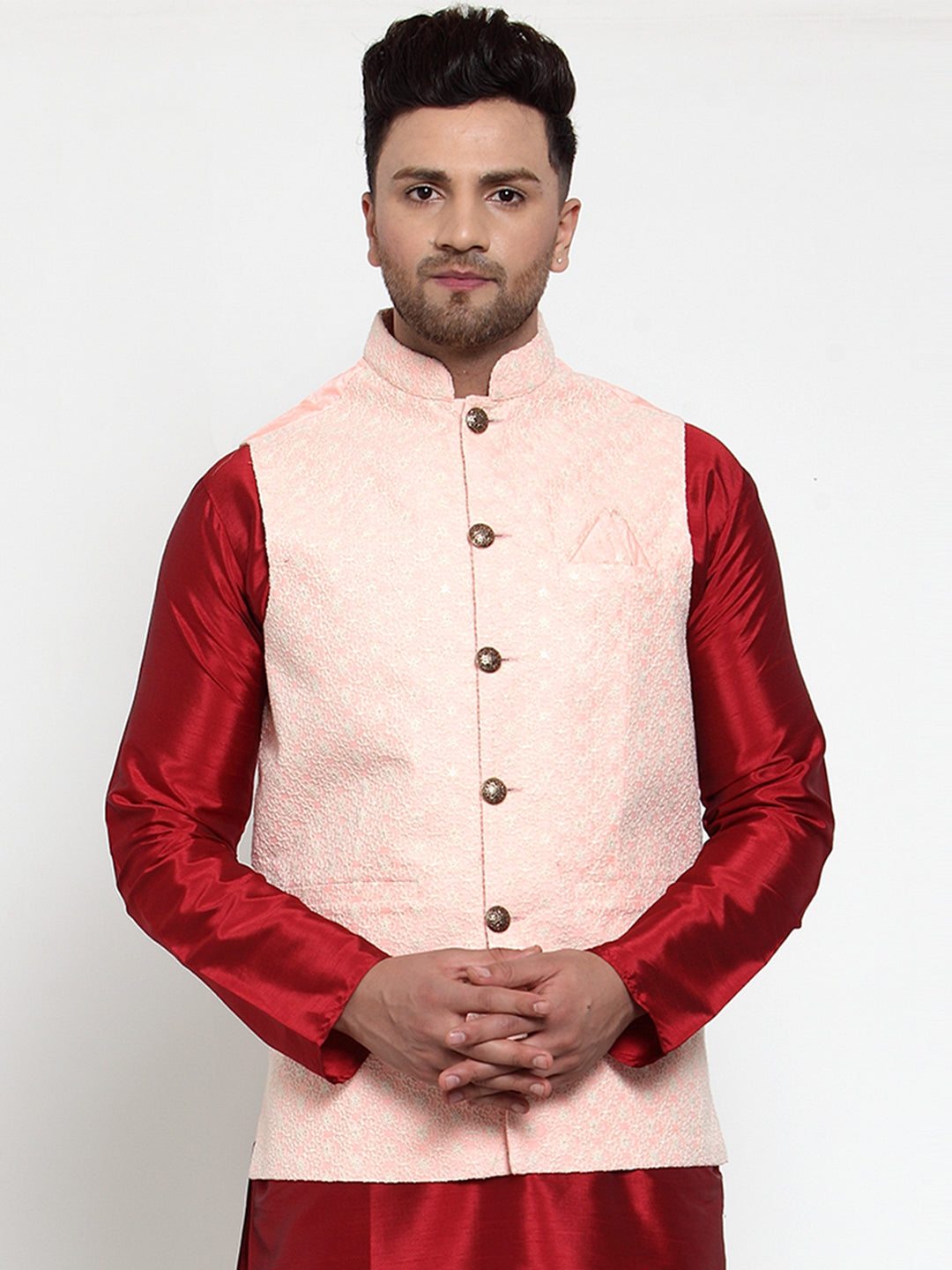 Men's Pink Embroidered Nehru Jacket ( JOWC 4018Pink ) - Virat Fashions