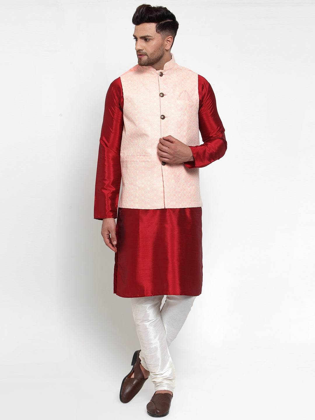 Men's Pink Embroidered Nehru Jacket ( JOWC 4018Pink ) - Virat Fashions