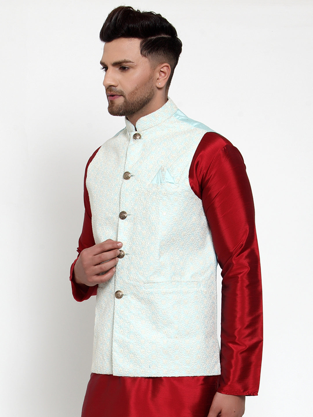 Men's Blue Embroidered Nehru Jacket ( JOWC 4018Sky ) - Virat Fashions