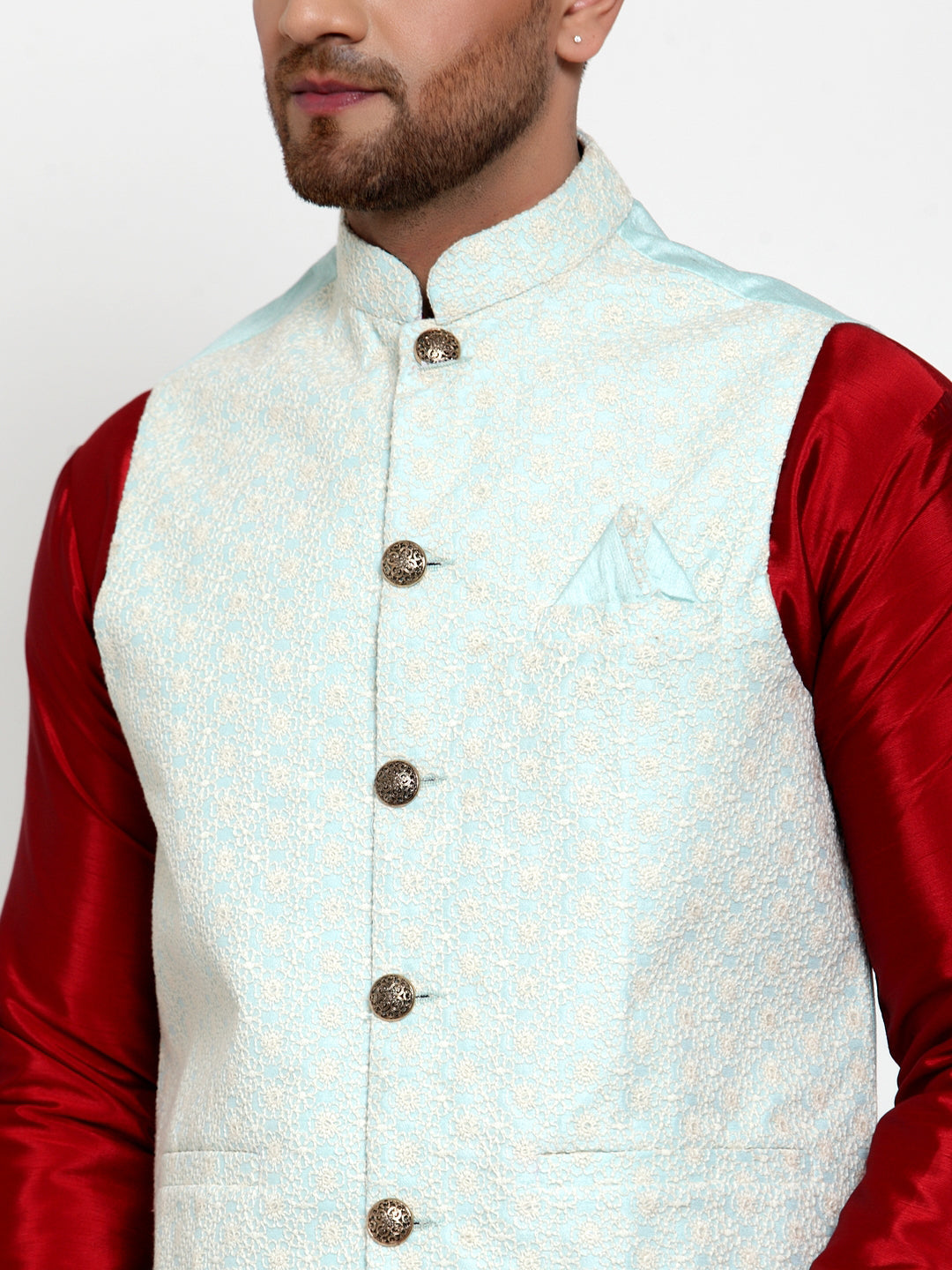 Men's Blue Embroidered Nehru Jacket ( JOWC 4018Sky ) - Virat Fashions