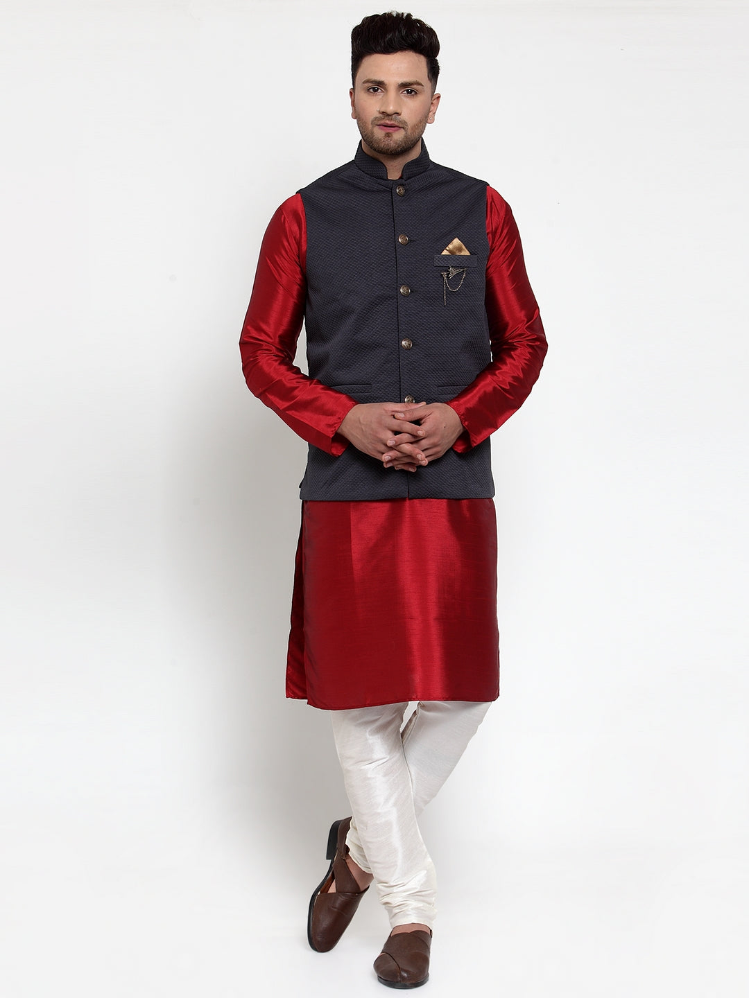Men's Navy Woven Nehru Jacket ( JOWC 4019Navy ) - Virat Fashions