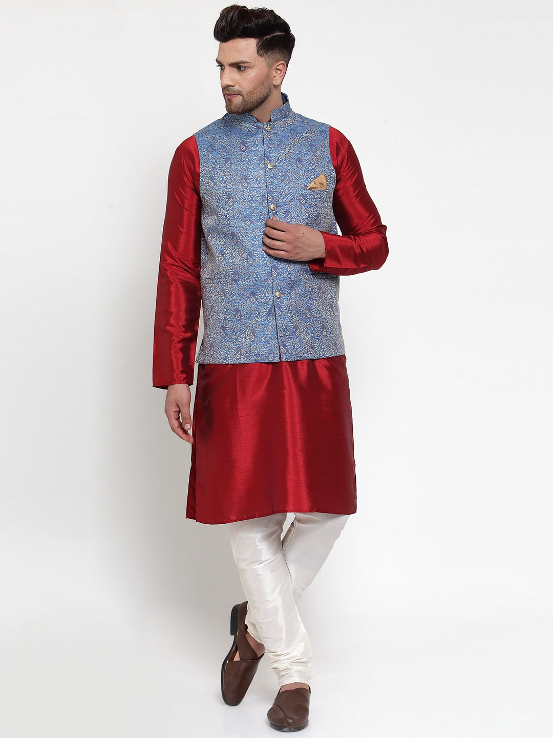 Men's Blue Woven Jacquard Nehru Jacket ( JOWC 4020Blue ) - Virat Fashions