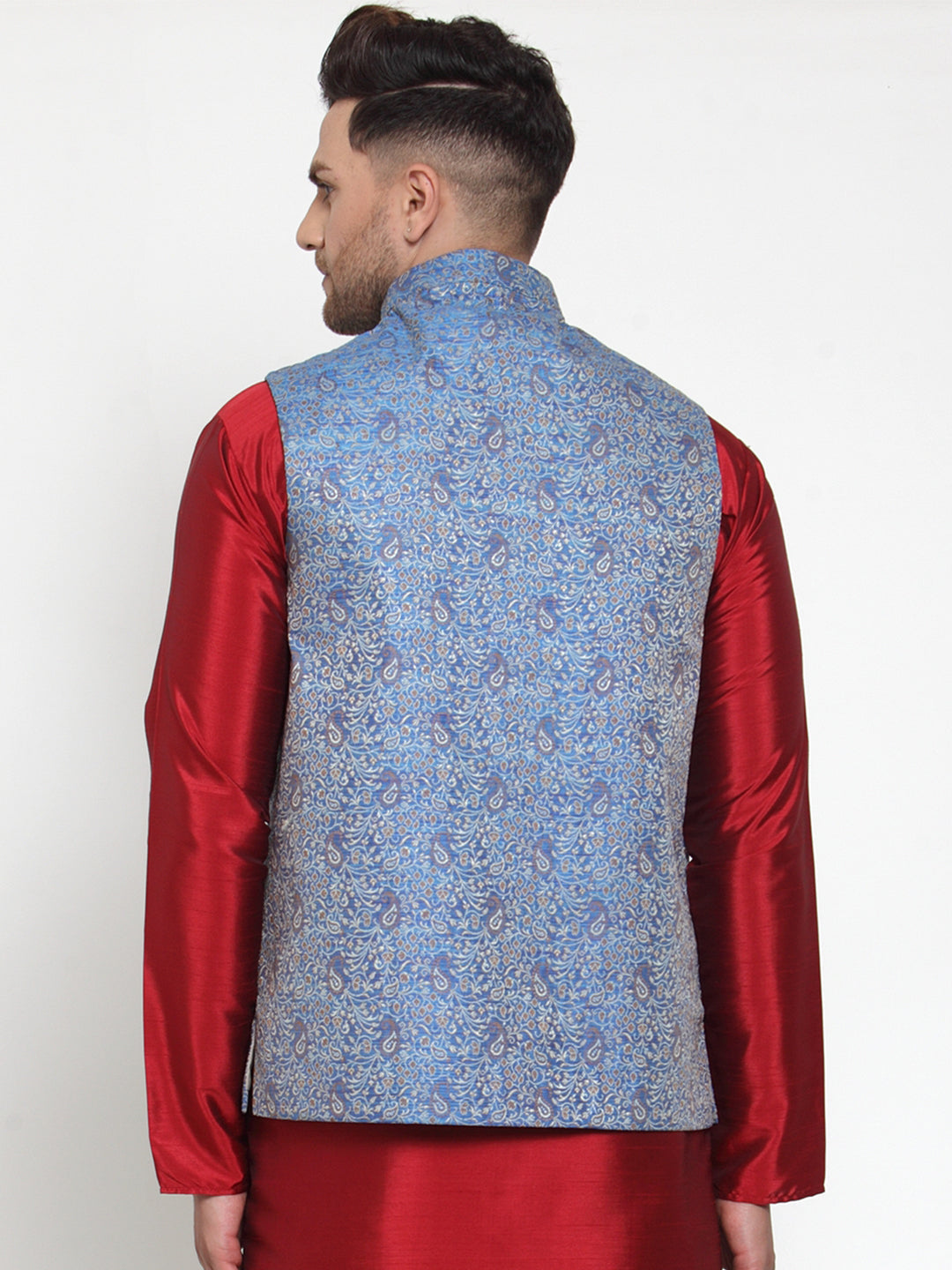Men's Blue Woven Jacquard Nehru Jacket ( JOWC 4020Blue ) - Virat Fashions