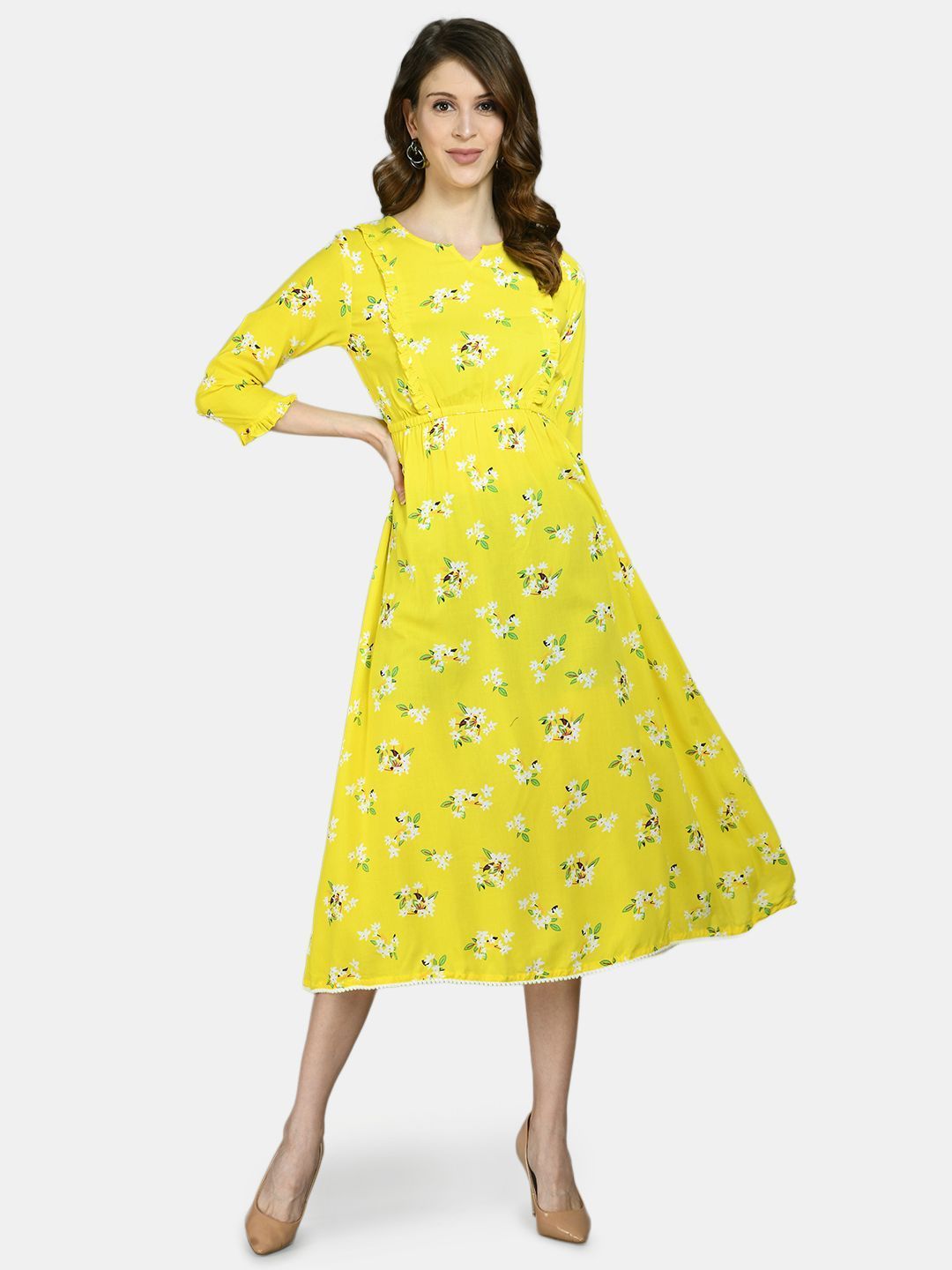 Women Yellow Printed Dress by Myshka (1 Pc Set)
