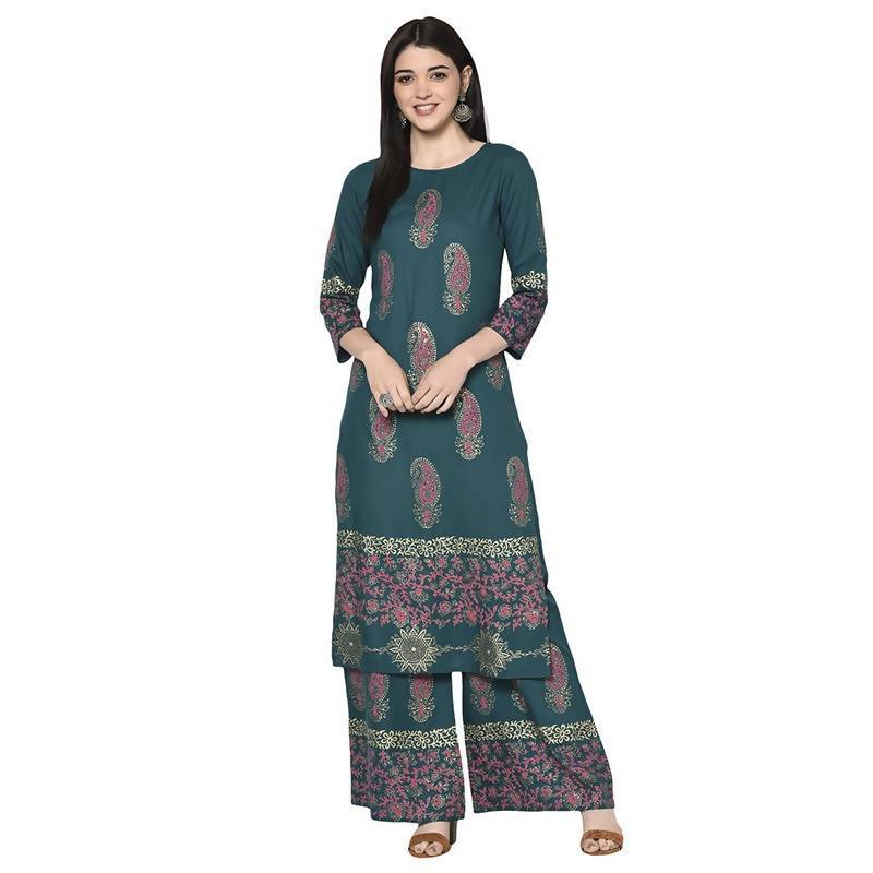 Women's Teal Blue Rayon Block print straight kurta