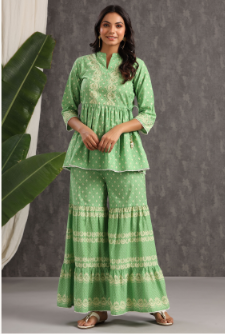 Women's Green Cambric Printed Peplum Tunic Palazzo Set - Juniper