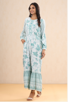 Women's Teal Rayon Printed Ethnic Jumpsuit with Belt - Juniper
