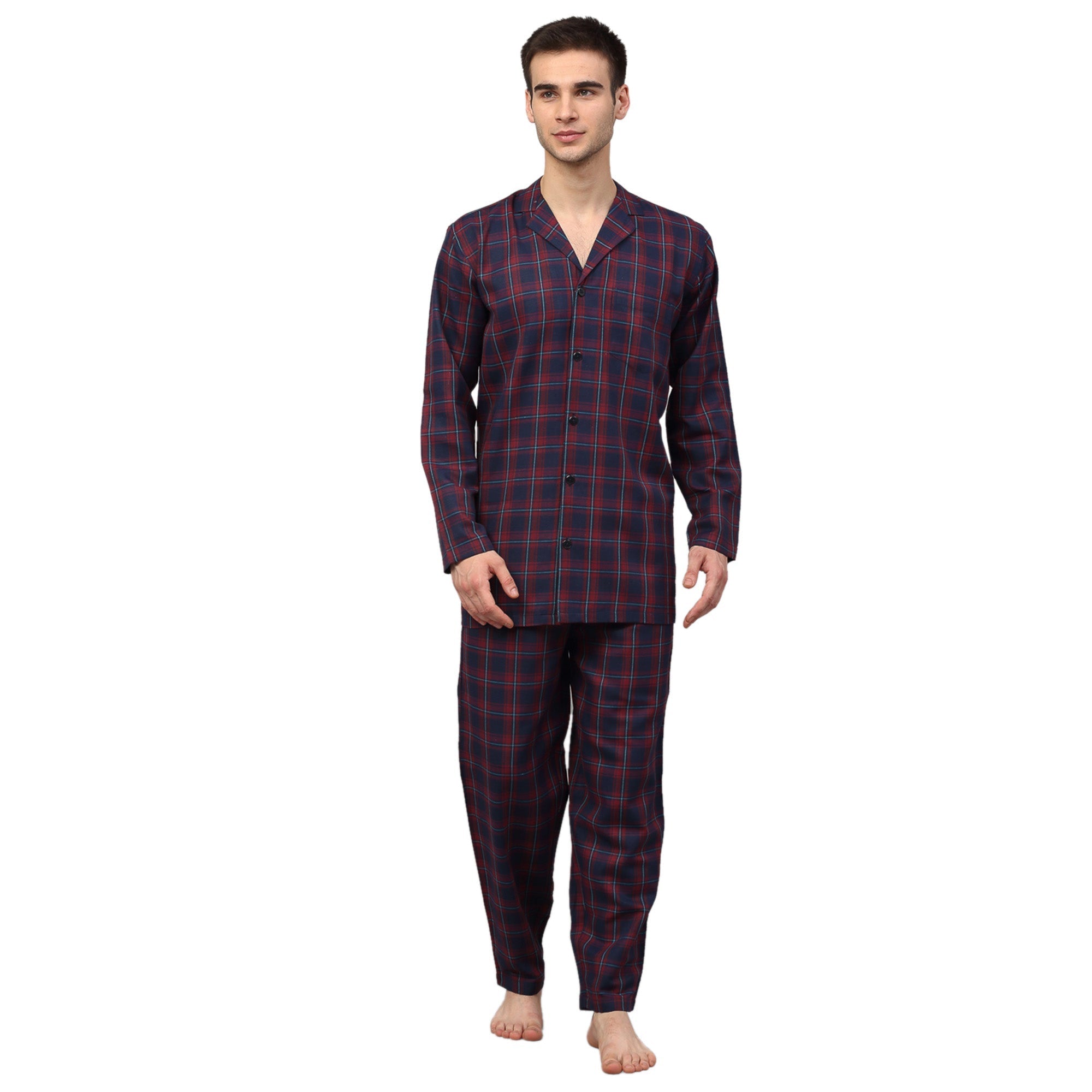 Men's Blue Checked Night Suits ( GNS 001Blue-Red ) - Jainish