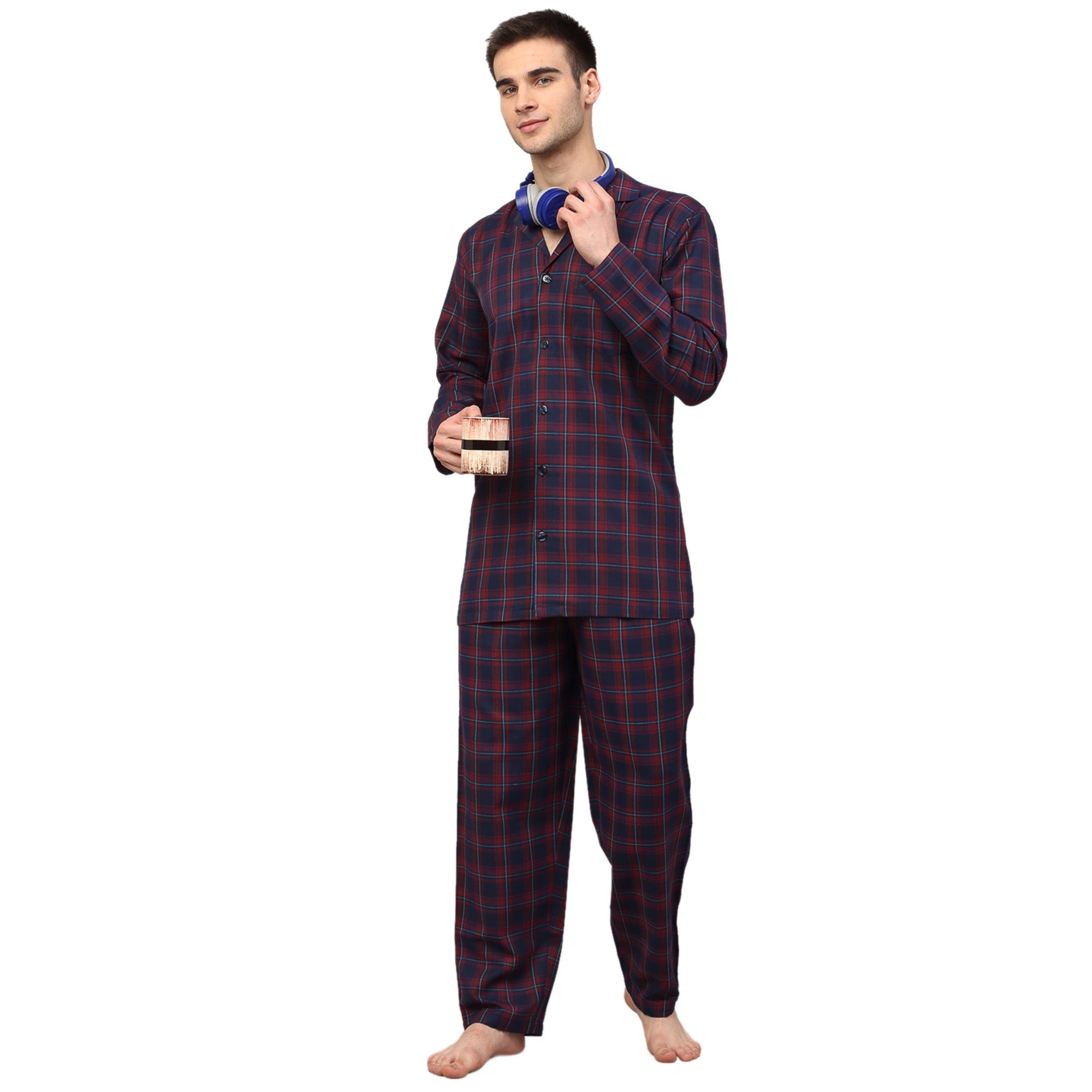 Men's Blue Checked Night Suits ( GNS 001Blue-Red ) - Jainish