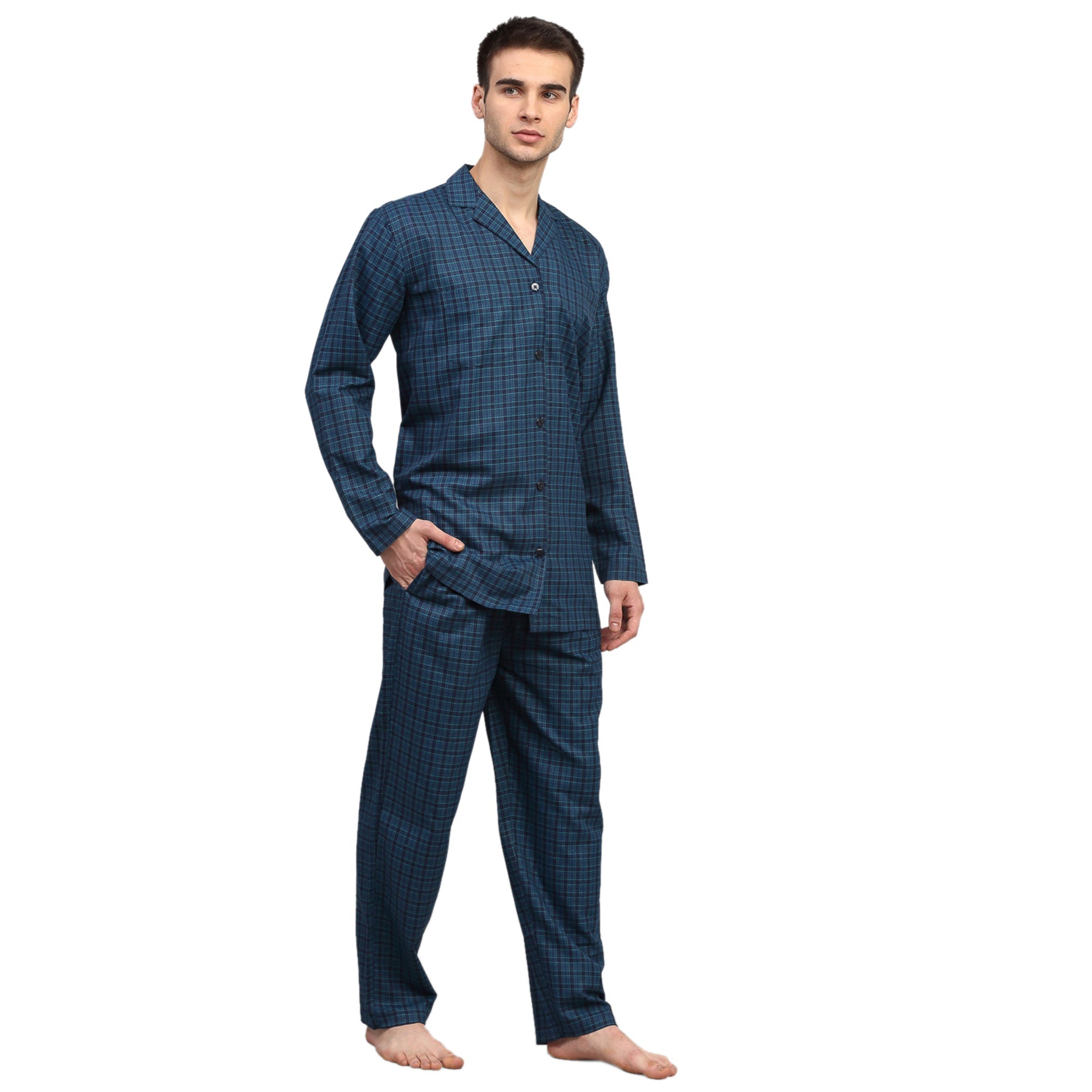 Men's Blue Checked Night Suits ( GNS 001Blue ) - Jainish