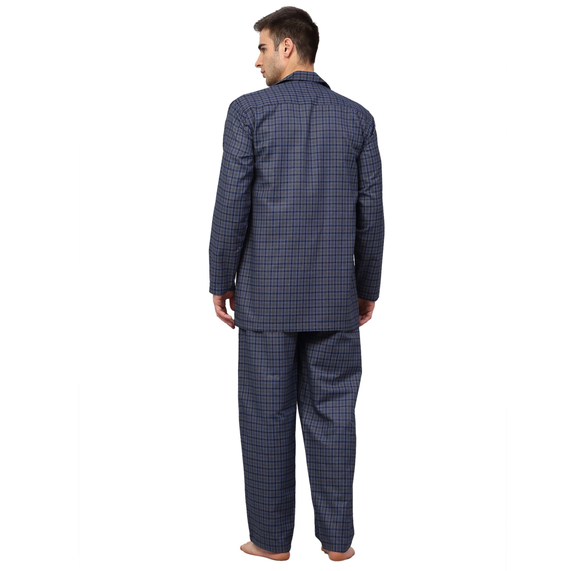 Men's Navy Blue Checked Night Suits ( GNS 001Navy-Grey ) - Jainish