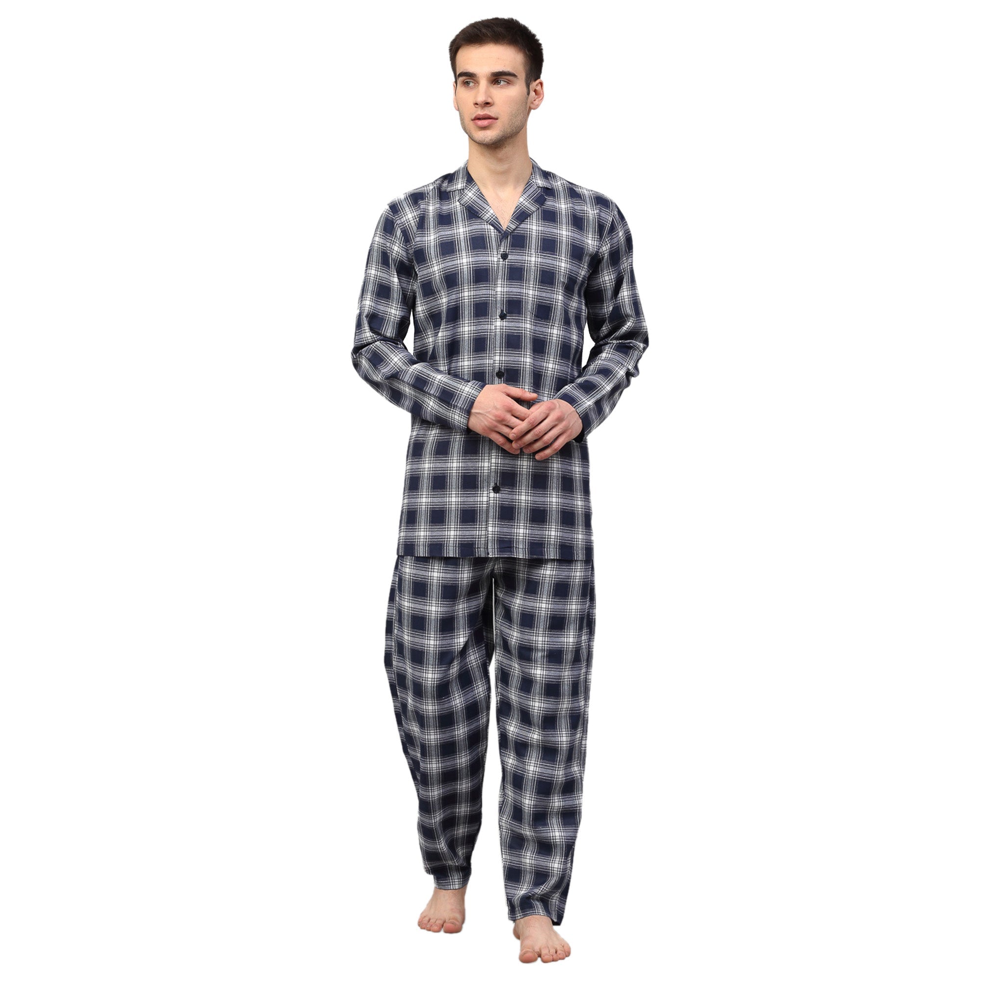 Men's Navy Blue Checked Night Suits ( GNS 001Navy-White ) - Jainish