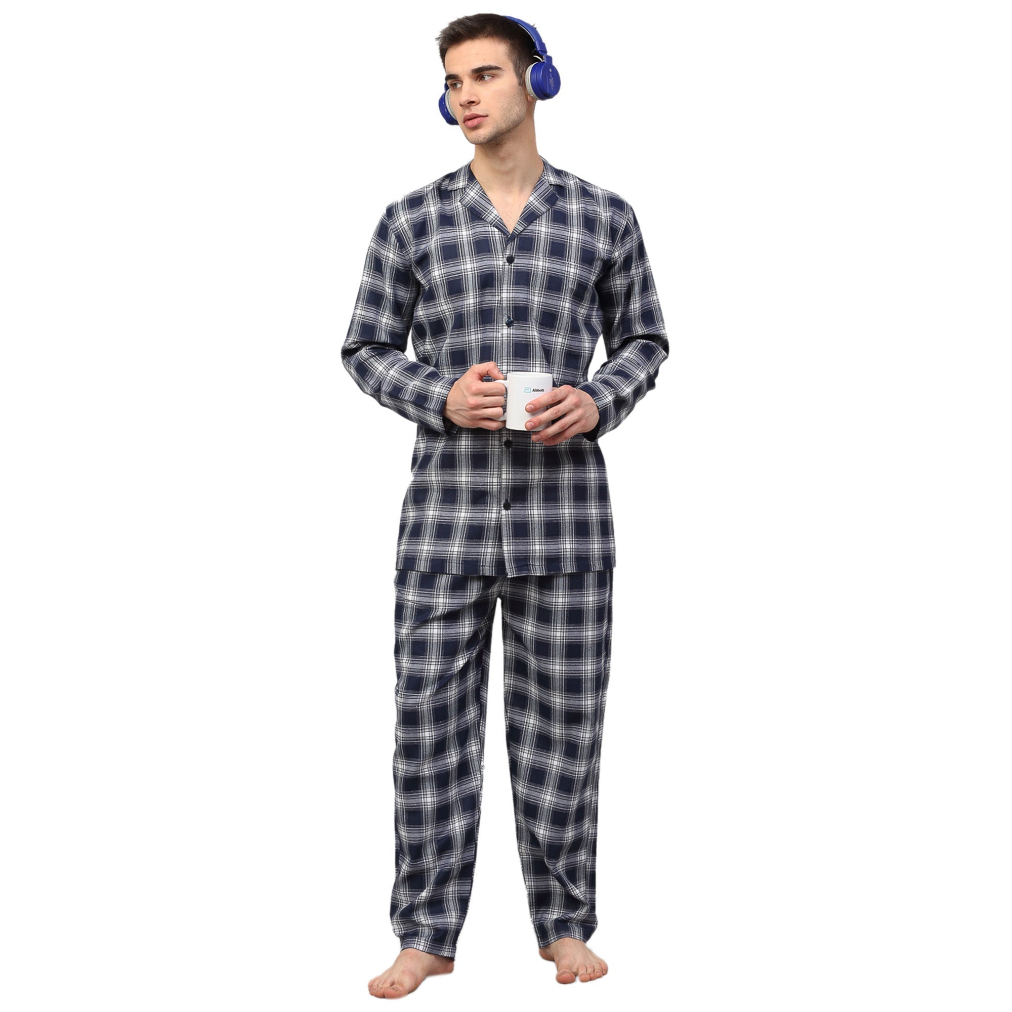Men's Navy Blue Checked Night Suits ( GNS 001Navy-White ) - Jainish