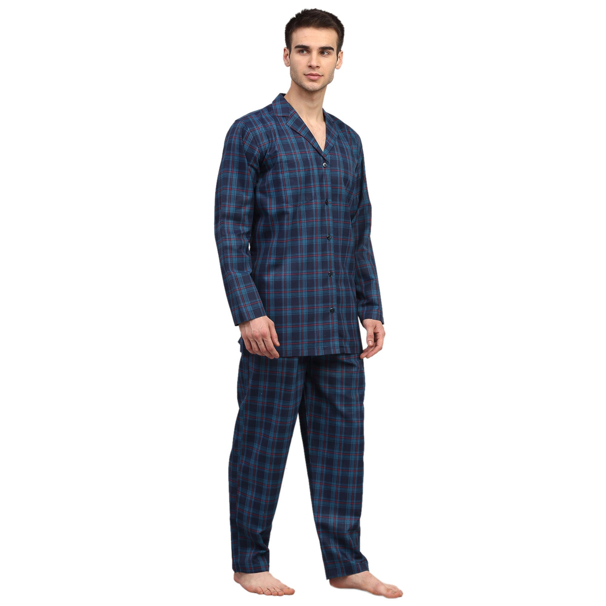 Men's Navy Blue Checked Night Suits ( GNS 001Navy ) - Jainish