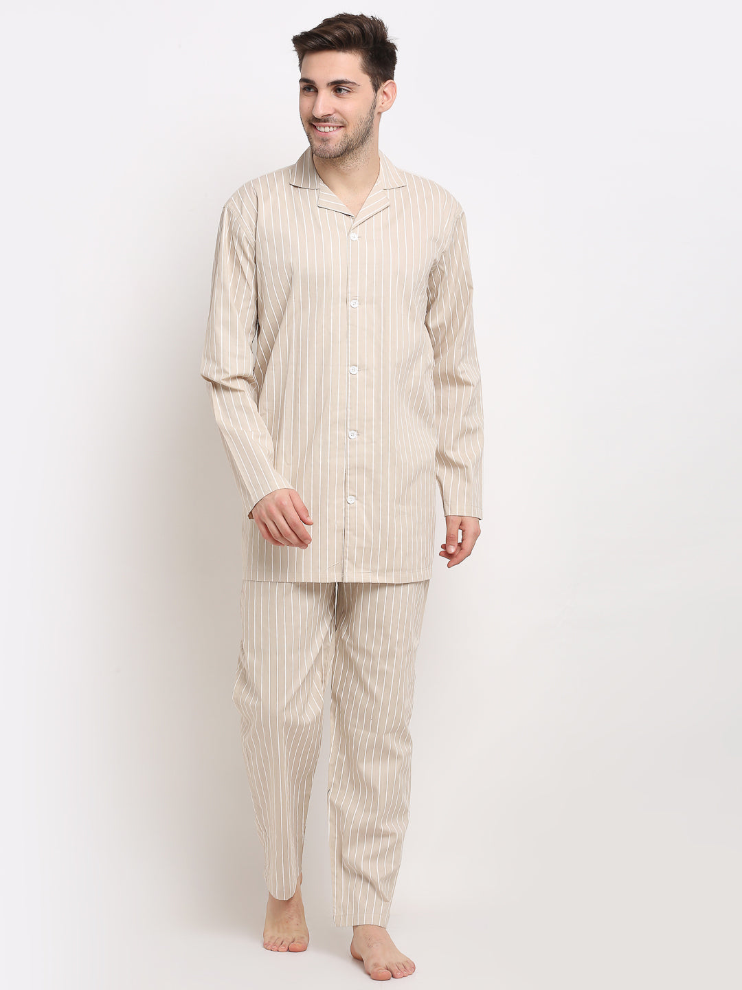 Men's Cream Cotton Striped Night Suits ( GNS 002Cream ) - Jainish