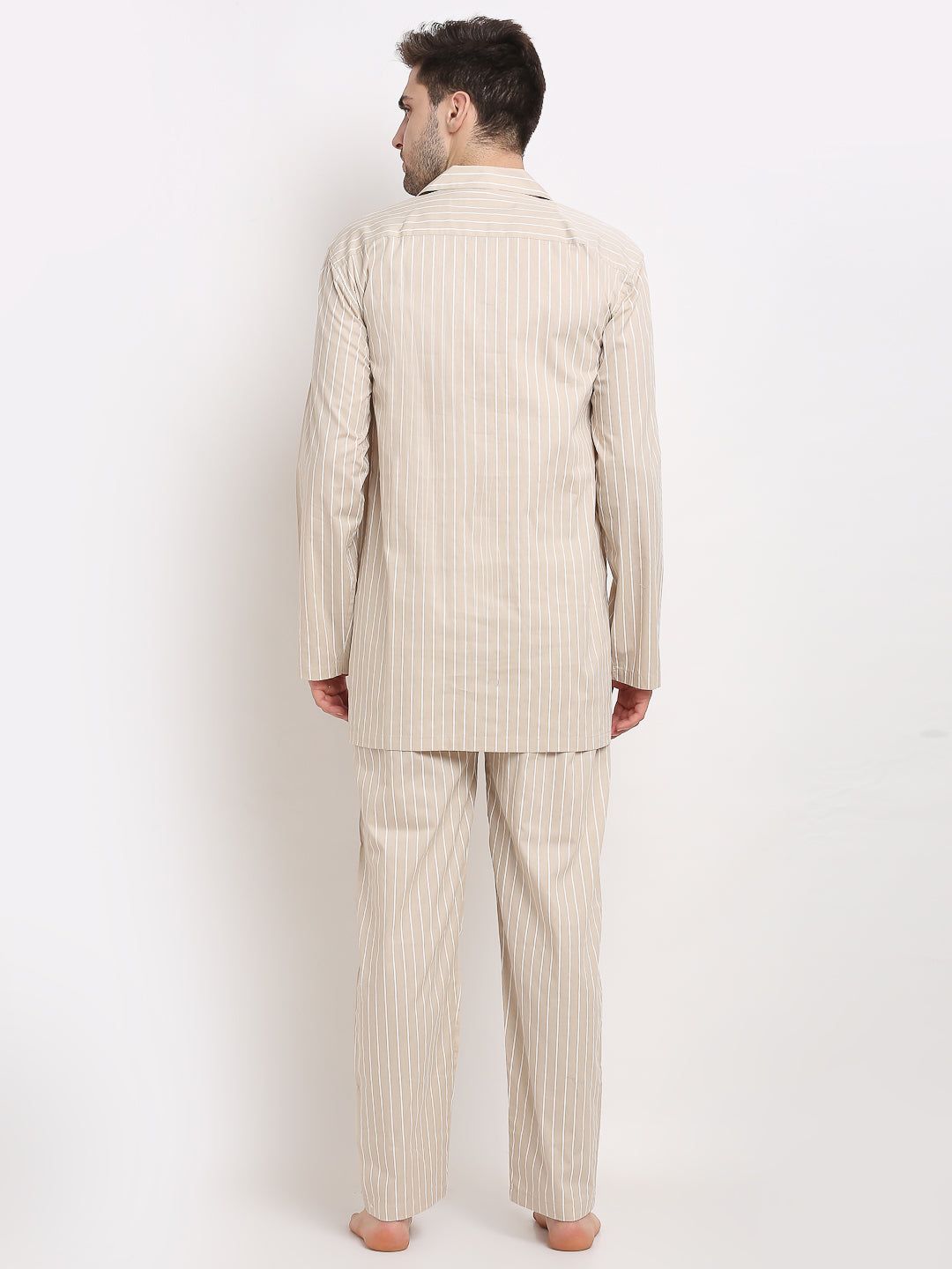 Men's Cream Cotton Striped Night Suits ( GNS 002Cream ) - Jainish