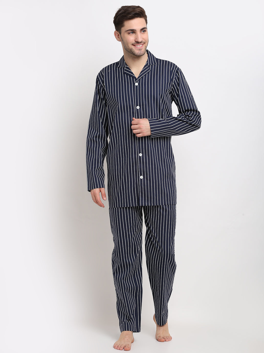 Men's Navy Cotton Striped Night Suits ( GNS 002Navy ) - Jainish
