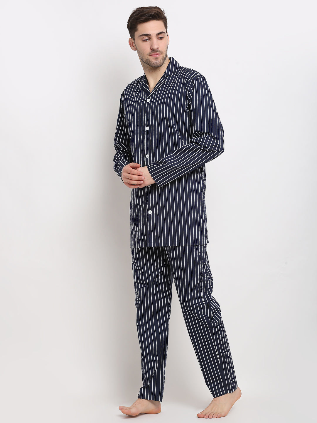 Men's Navy Cotton Striped Night Suits ( GNS 002Navy ) - Jainish