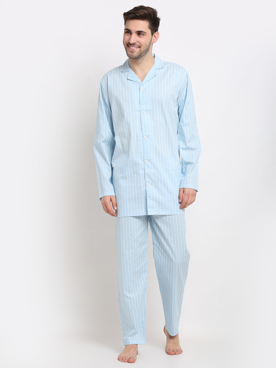 Men's Sky Cotton Striped Night Suits ( GNS 002Sky ) - Jainish