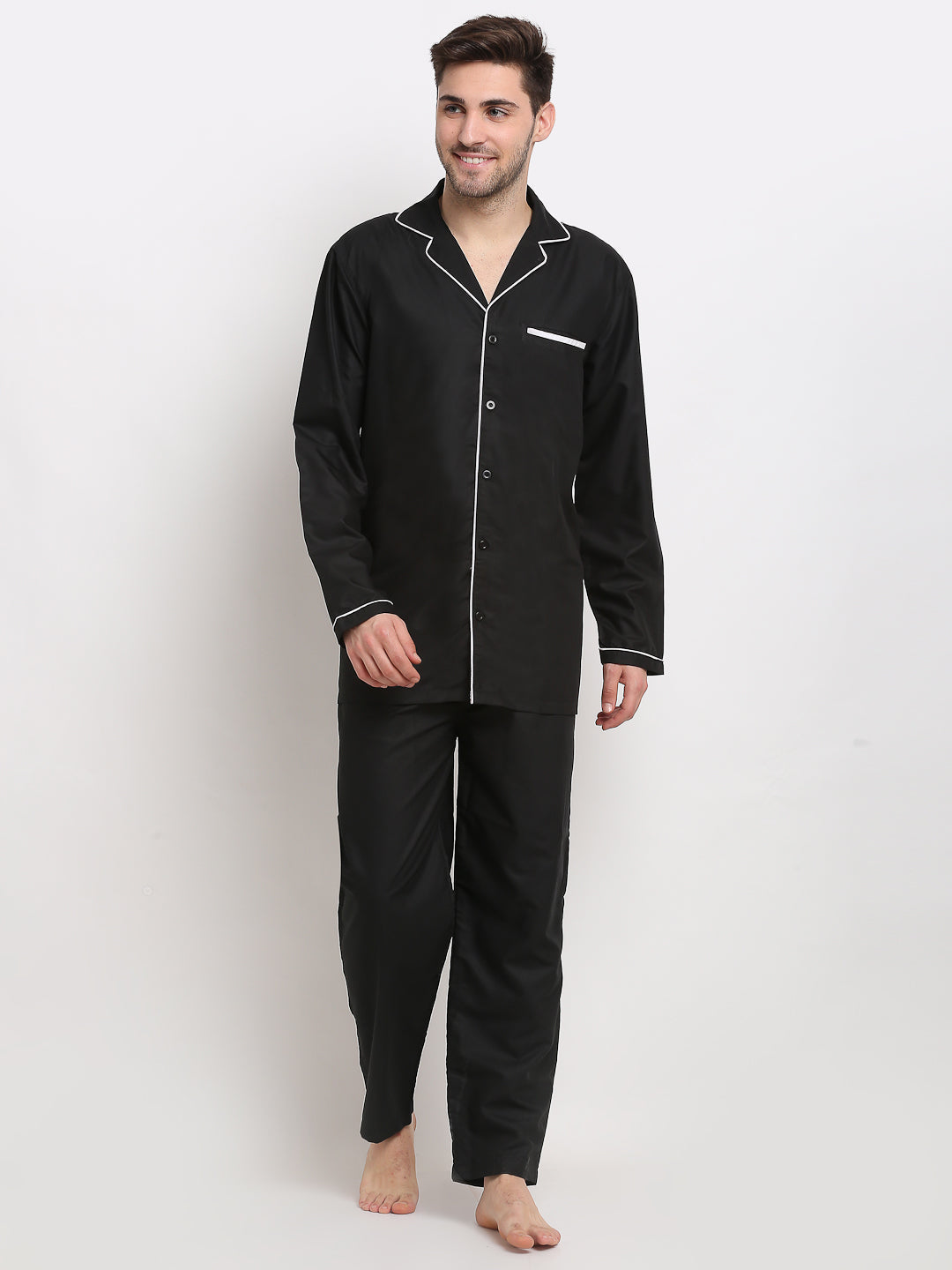 Men's Black Cotton Solid Night Suits ( GNS 003Black ) - Jainish