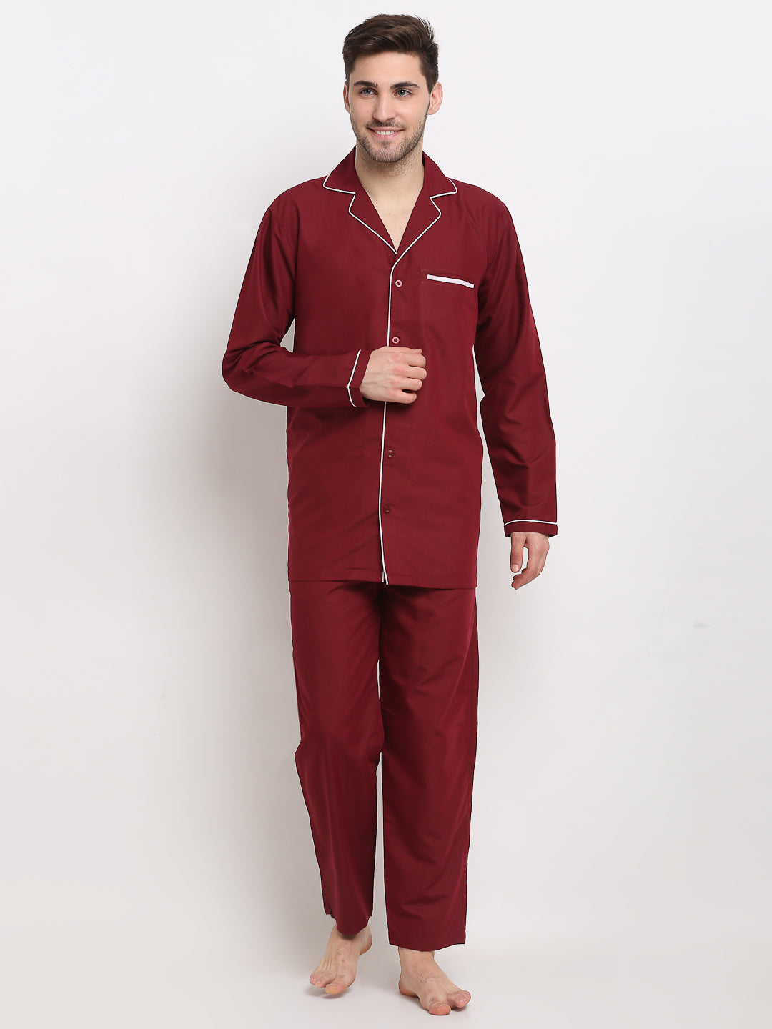 Men's Maroon Cotton Solid Night Suits ( GNS 003Maroon ) - Jainish