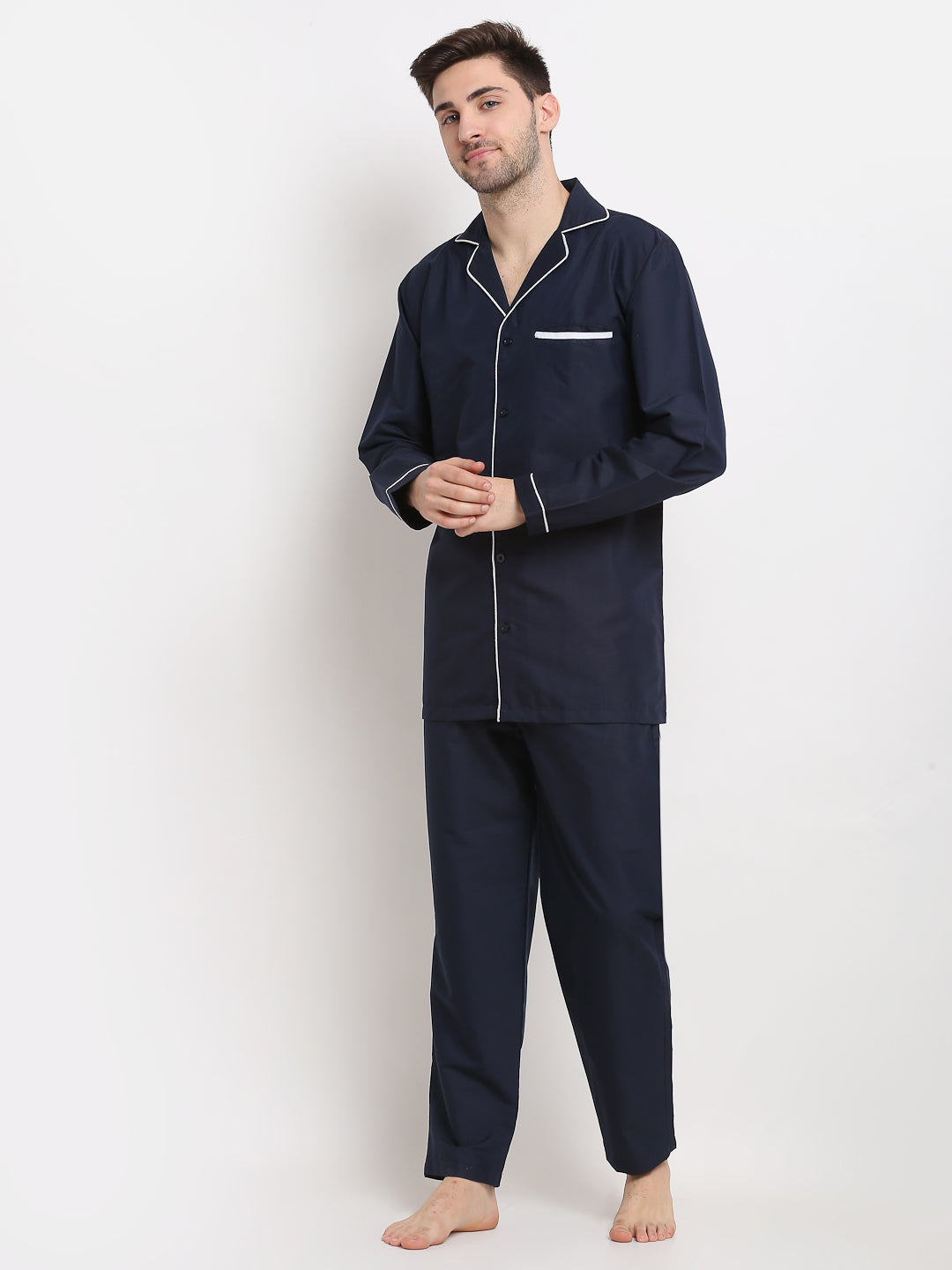 Men's Navy Cotton Solid Night Suits ( GNS 003Navy ) - Jainish