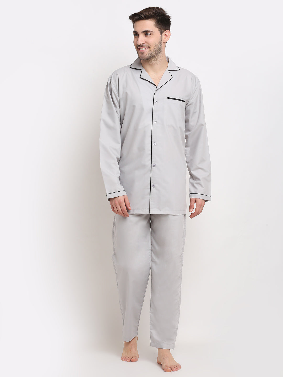 Men's Steel-Grey Cotton Solid Night Suits ( GNS 003Steel-Grey ) - Jainish