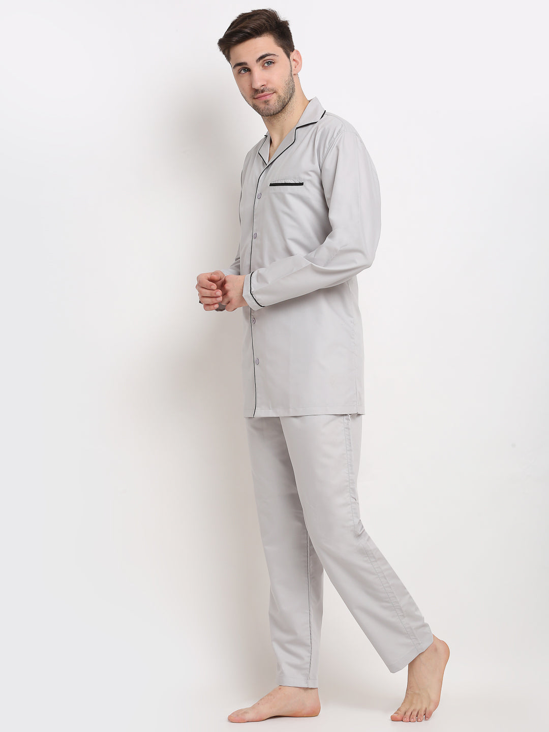Men's Steel-Grey Cotton Solid Night Suits ( GNS 003Steel-Grey ) - Jainish