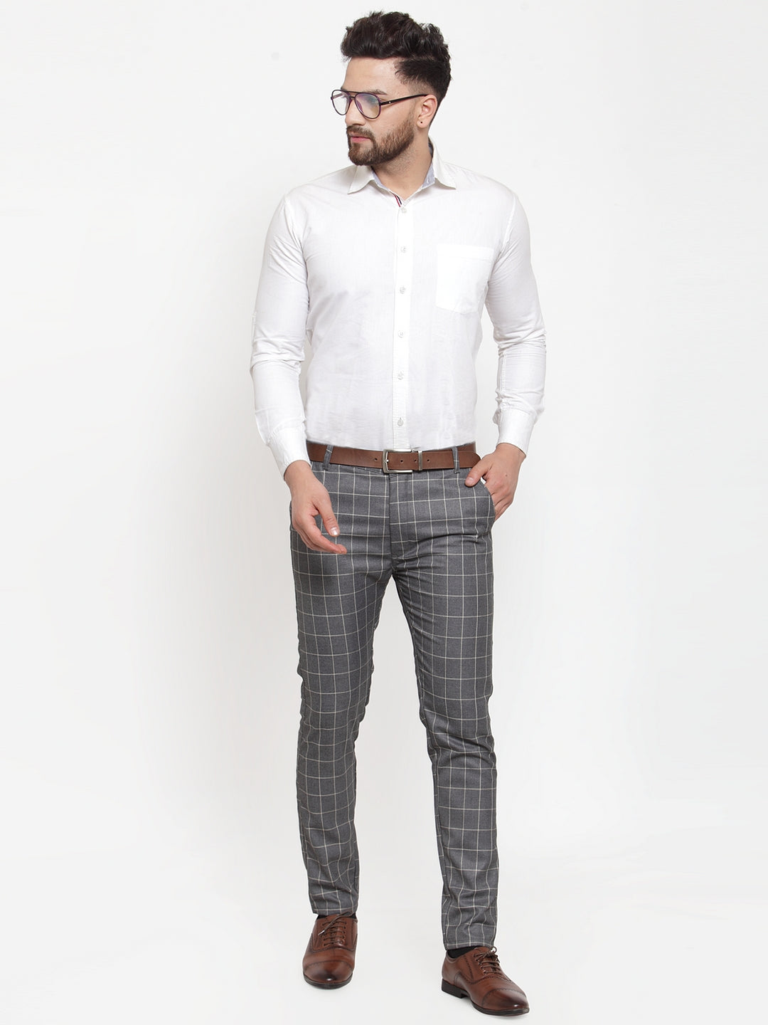Men's Grey Checked Formal Trousers ( GP 254Grey ) - Jainish