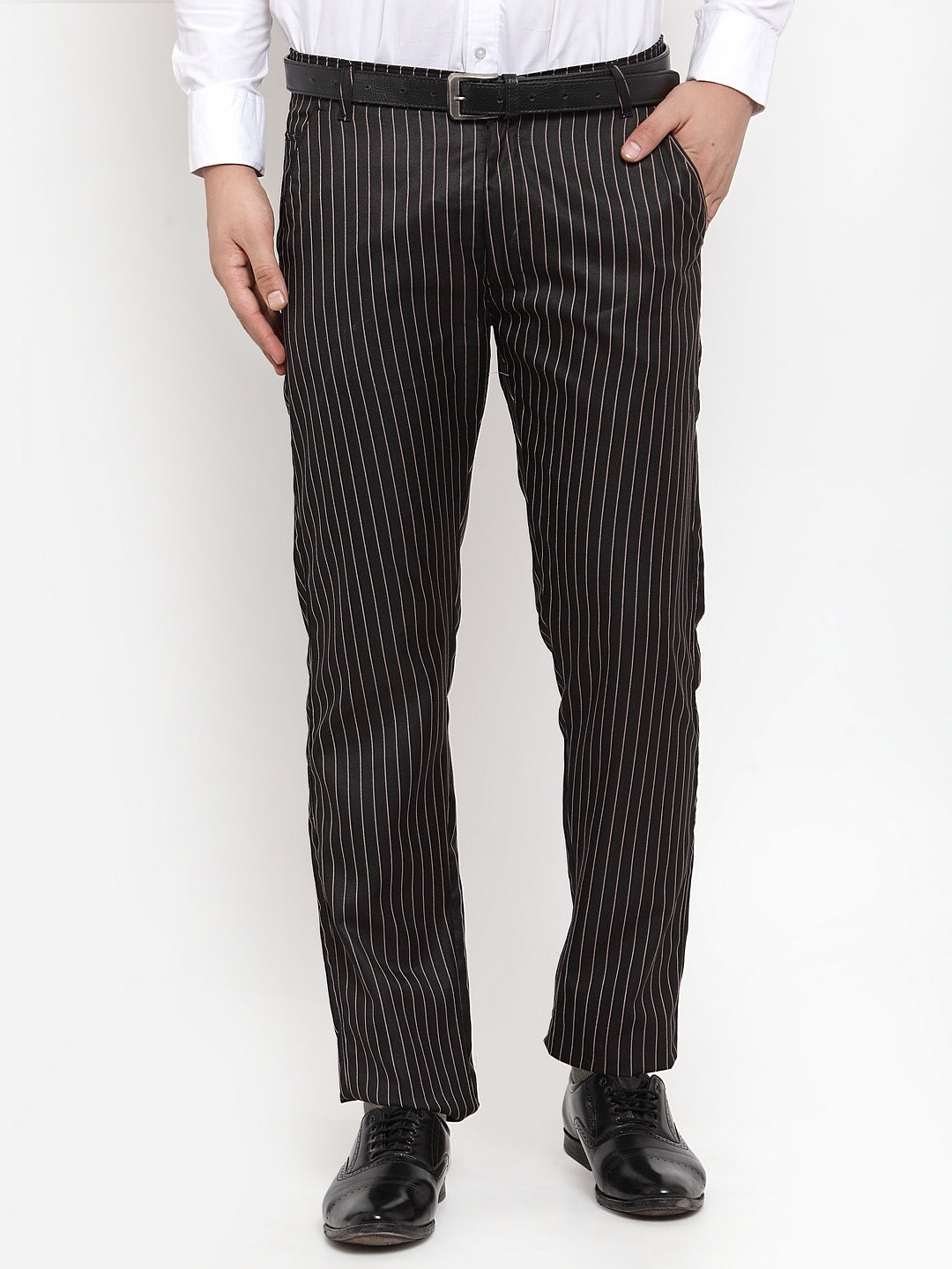 Men's Black Cotton Striped Formal Trousers ( FGP 255Black ) - Jainish